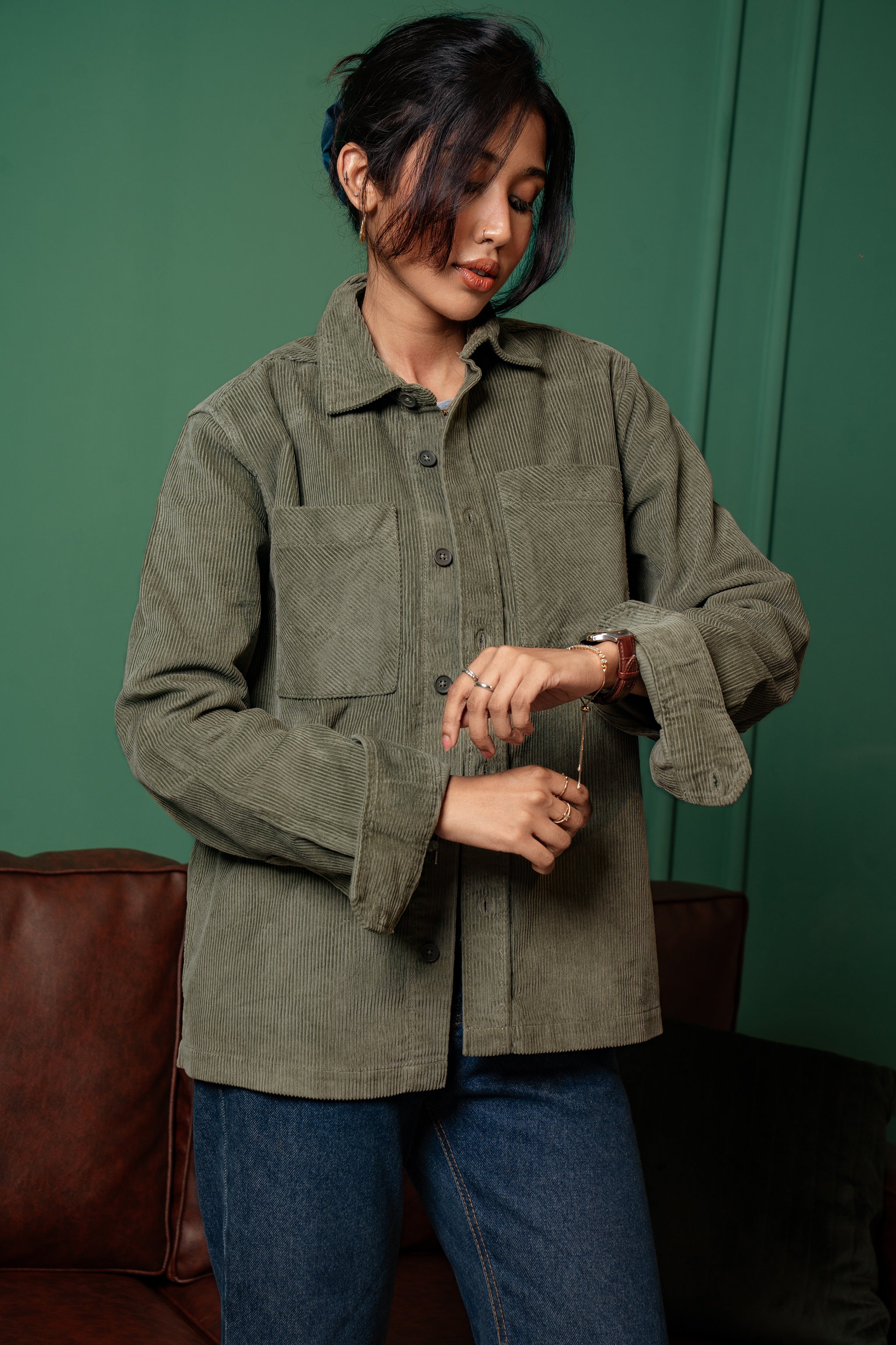 Corduroy Overshirt - Olive - Dual Pocket - Unisex