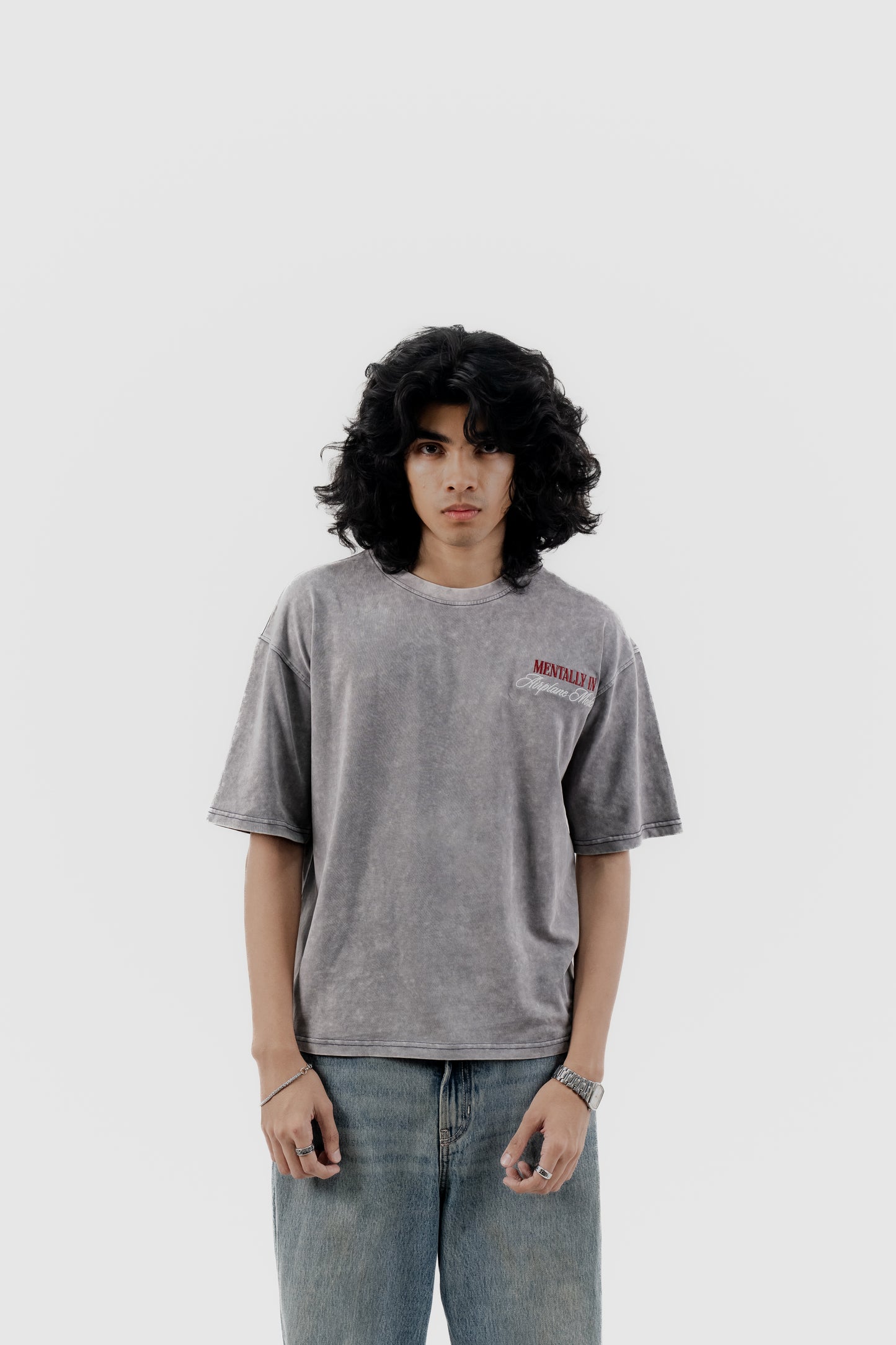 Airplane Mode - Light Grey Acid Wash - Drop Shoulder T-Shirt for Men