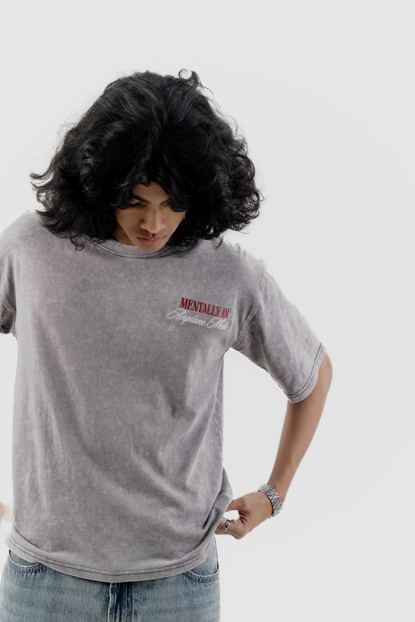 Airplane Mode - Light Grey Acid Wash - Drop Shoulder T-Shirt for Men