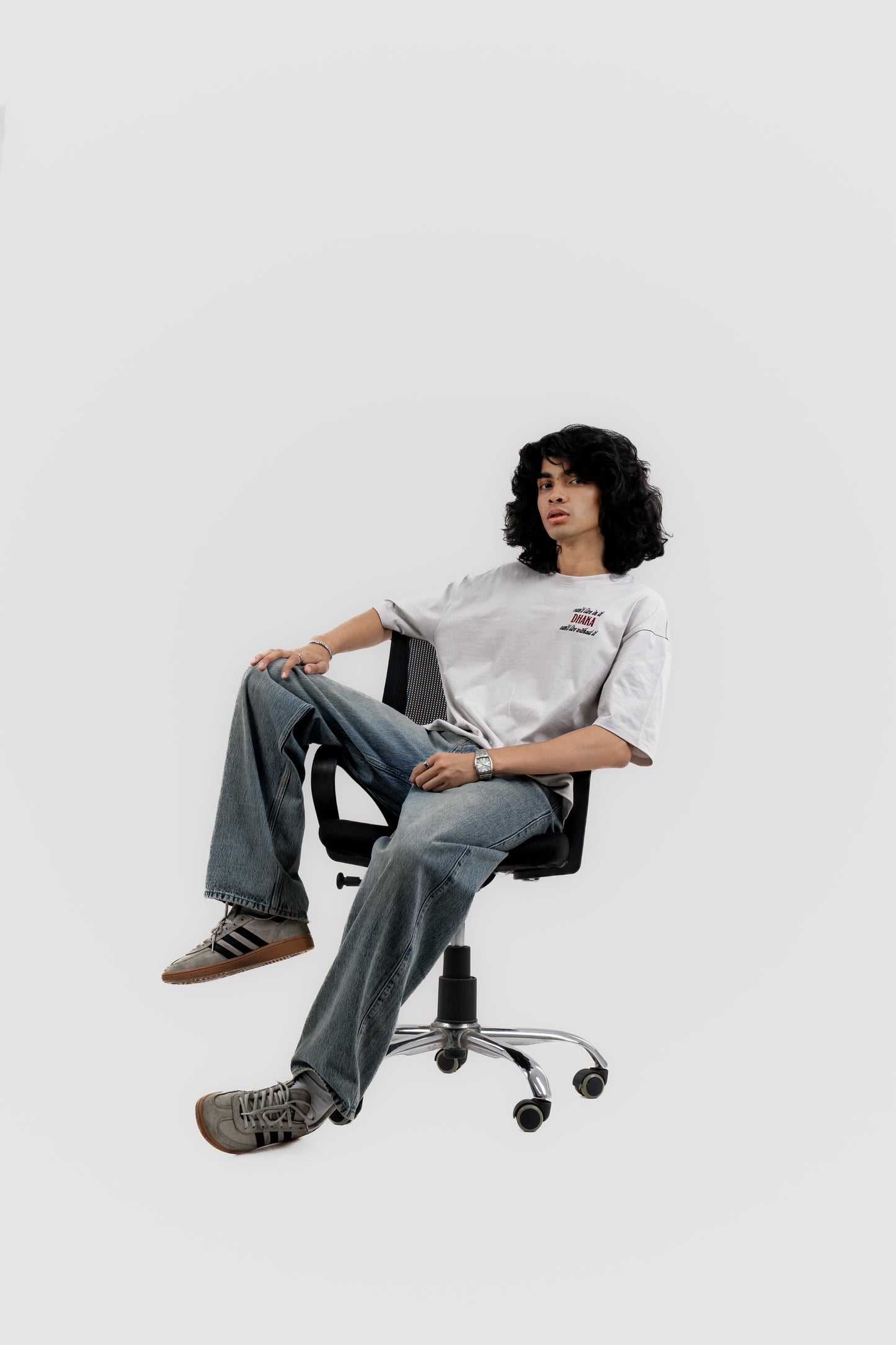 Live In/Without Dhaka Embroidered- 上質 Japanese Grade - Light Ash Grey Drop Shoulder For Men