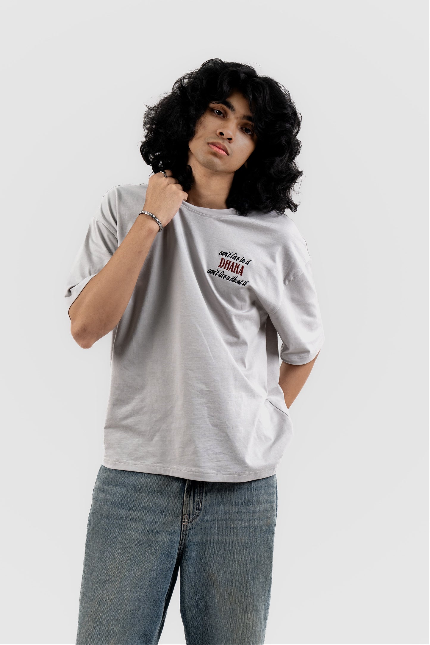 Live In/Without Dhaka Embroidered- 上質 Japanese Grade - Light Ash Grey Drop Shoulder For Men