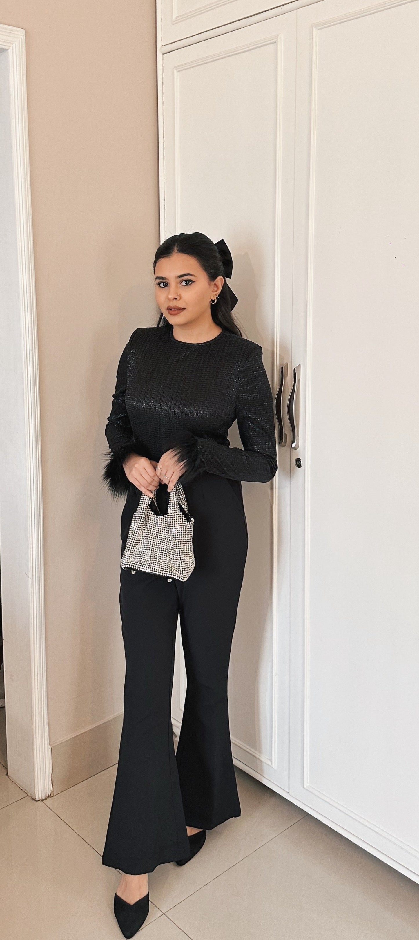 Alison - Black Jumpsuit with Faux Fur Cuff