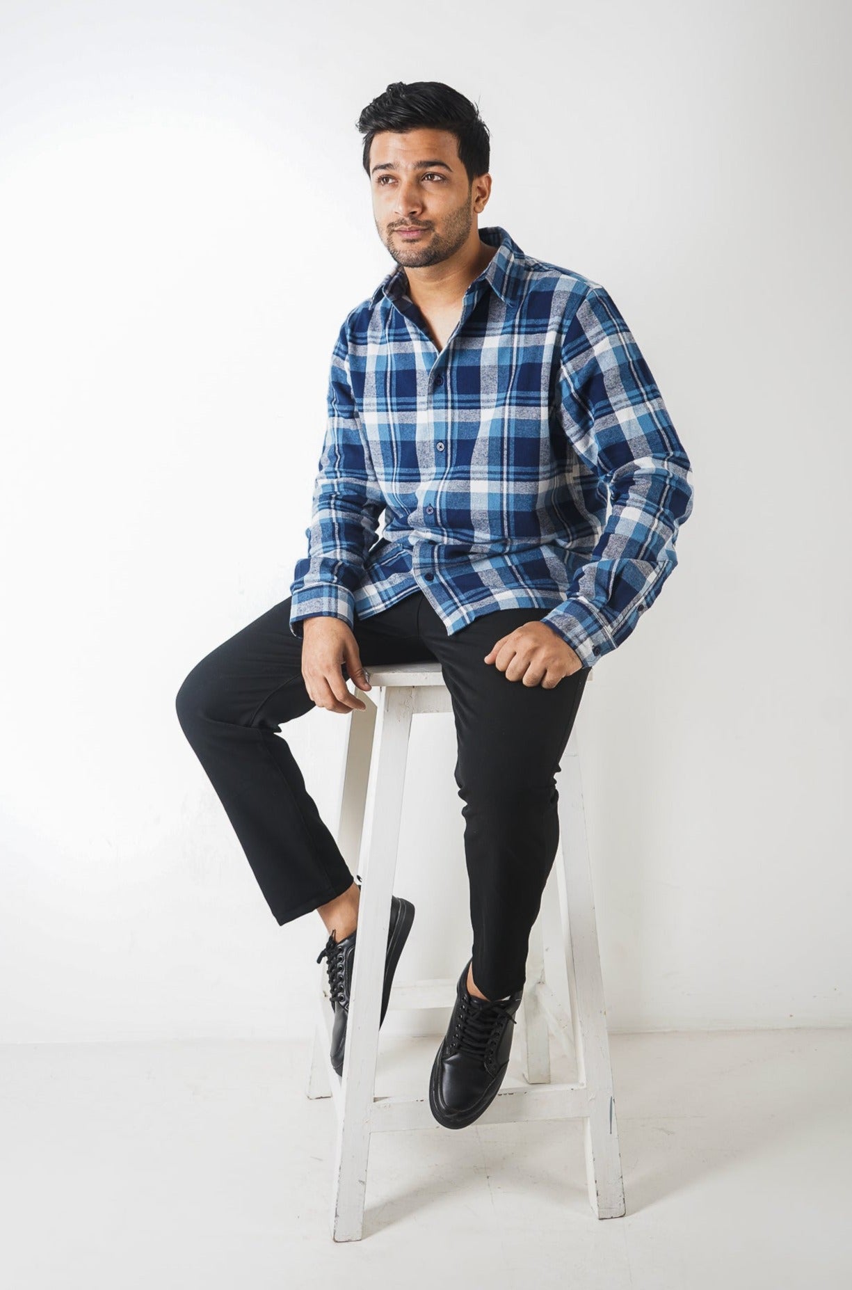 Flannel Shirt for Men - White & Blue