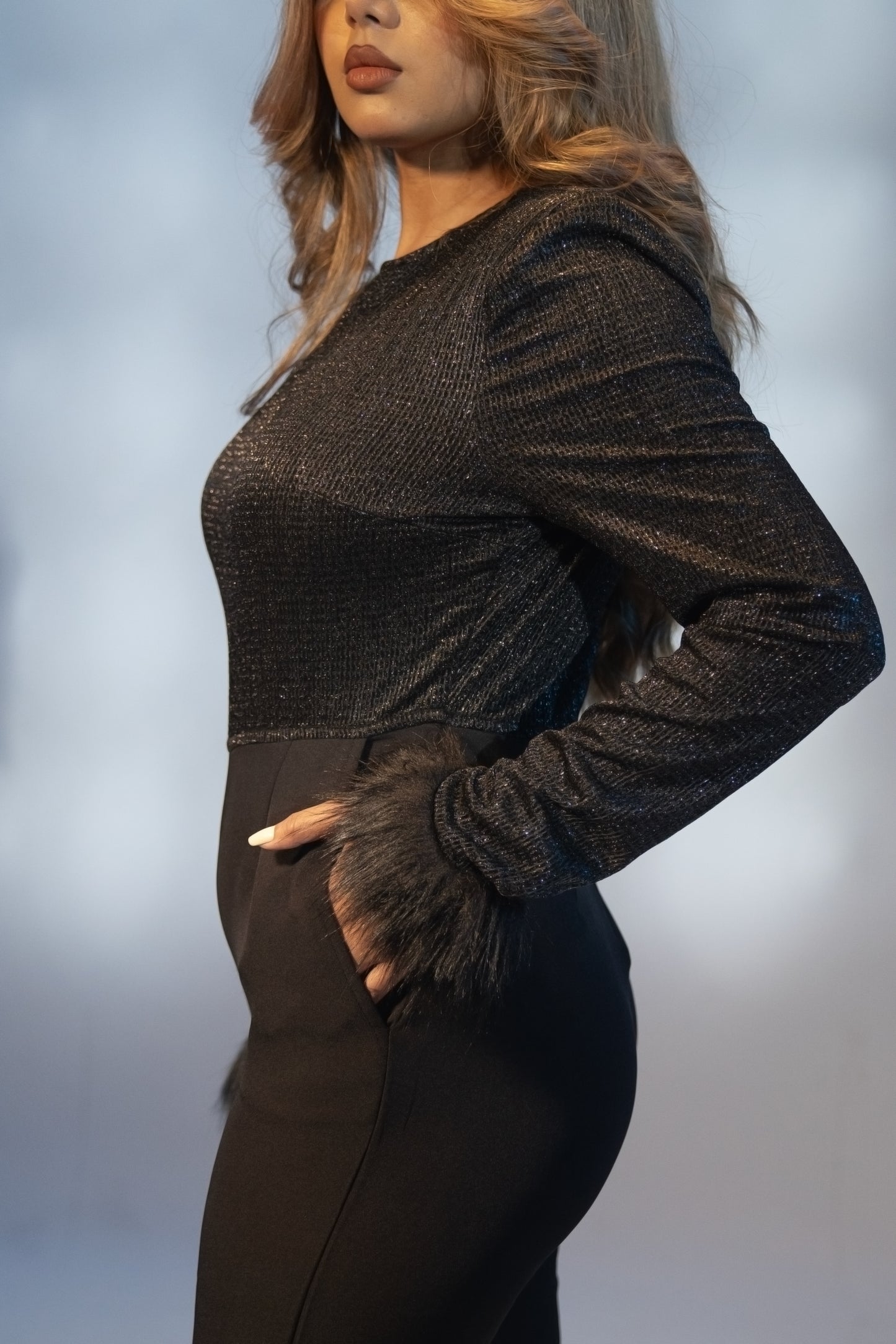 Alison - Black Jumpsuit with Faux Fur Cuff