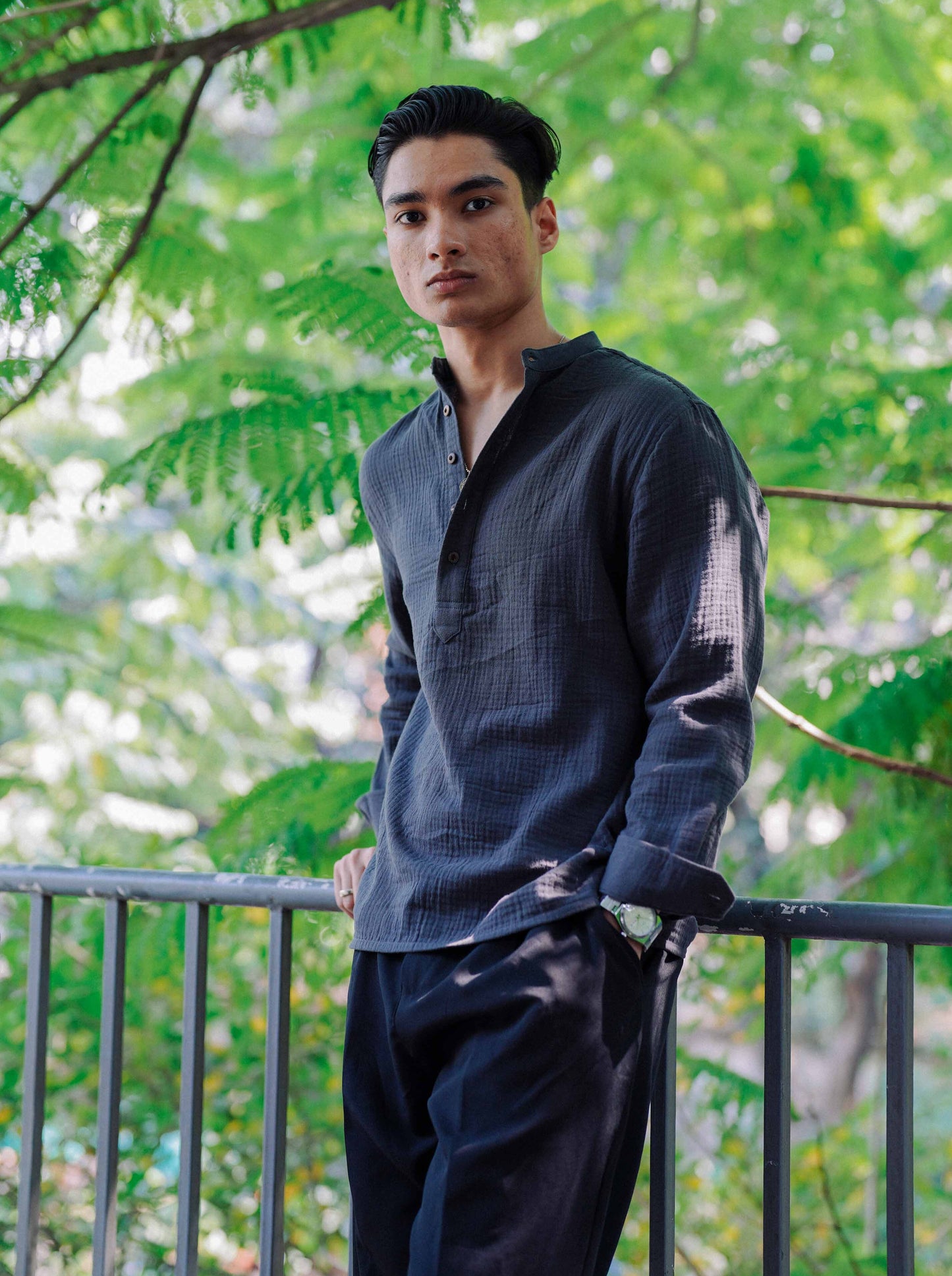 Waffle Henley for Men - Charcoal