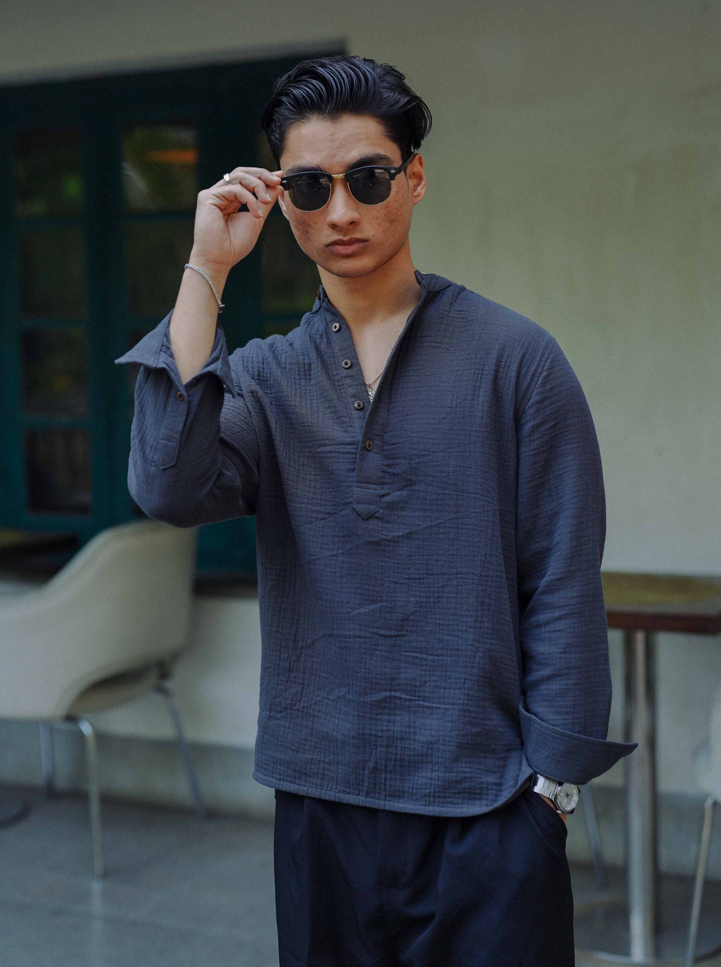 Waffle Henley for Men - Charcoal