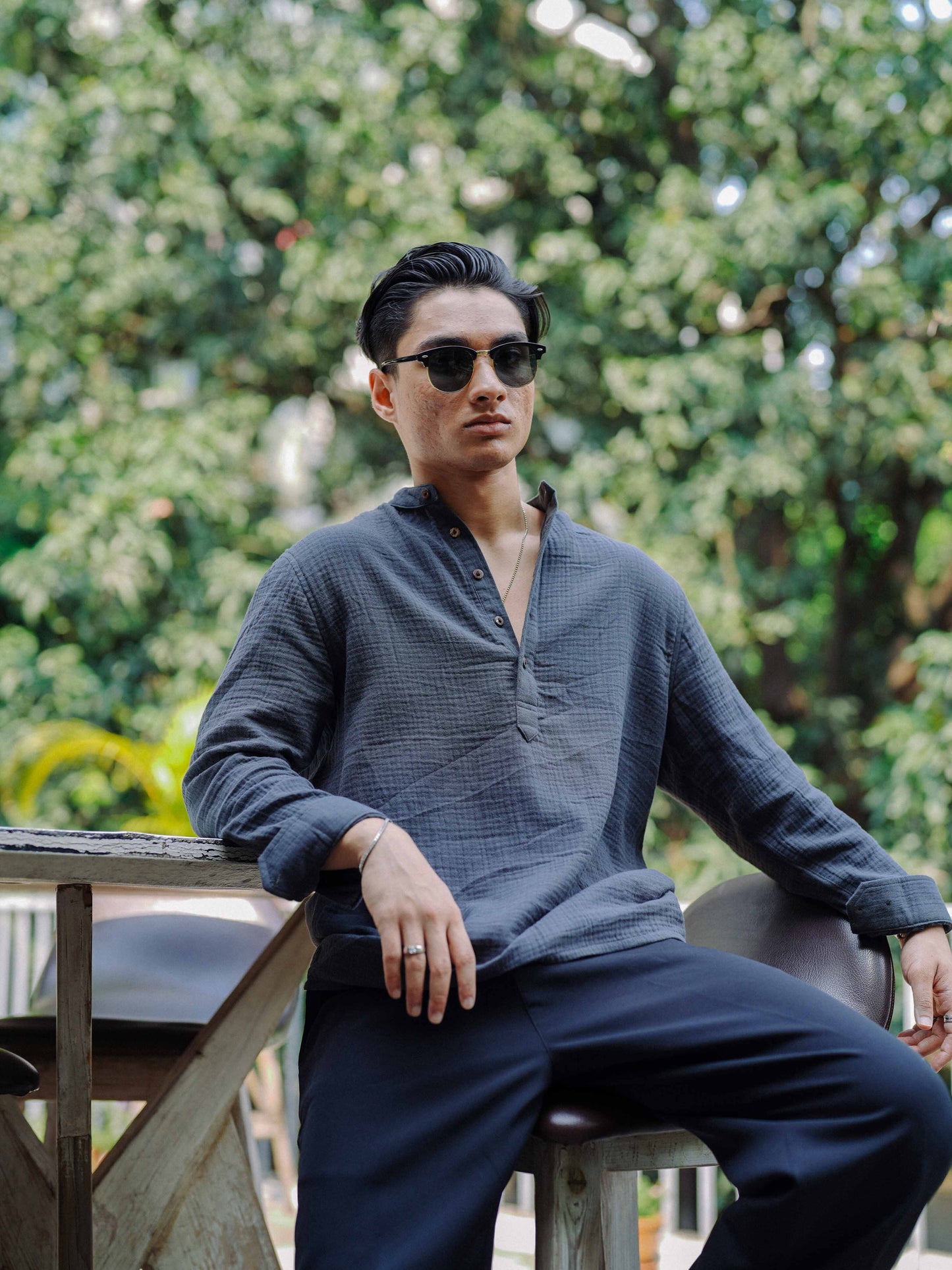 Waffle Henley for Men - Charcoal