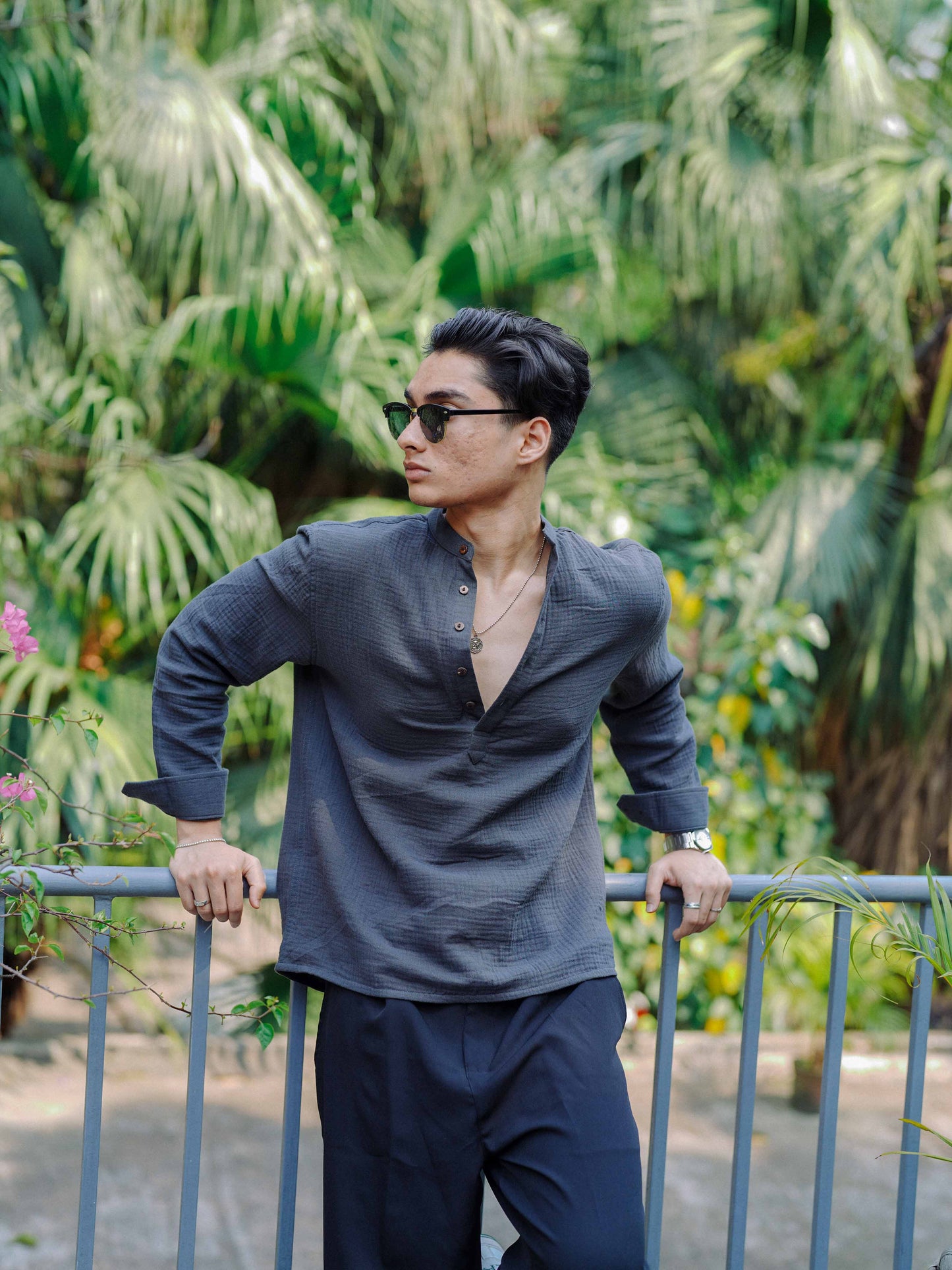 Waffle Henley for Men - Charcoal