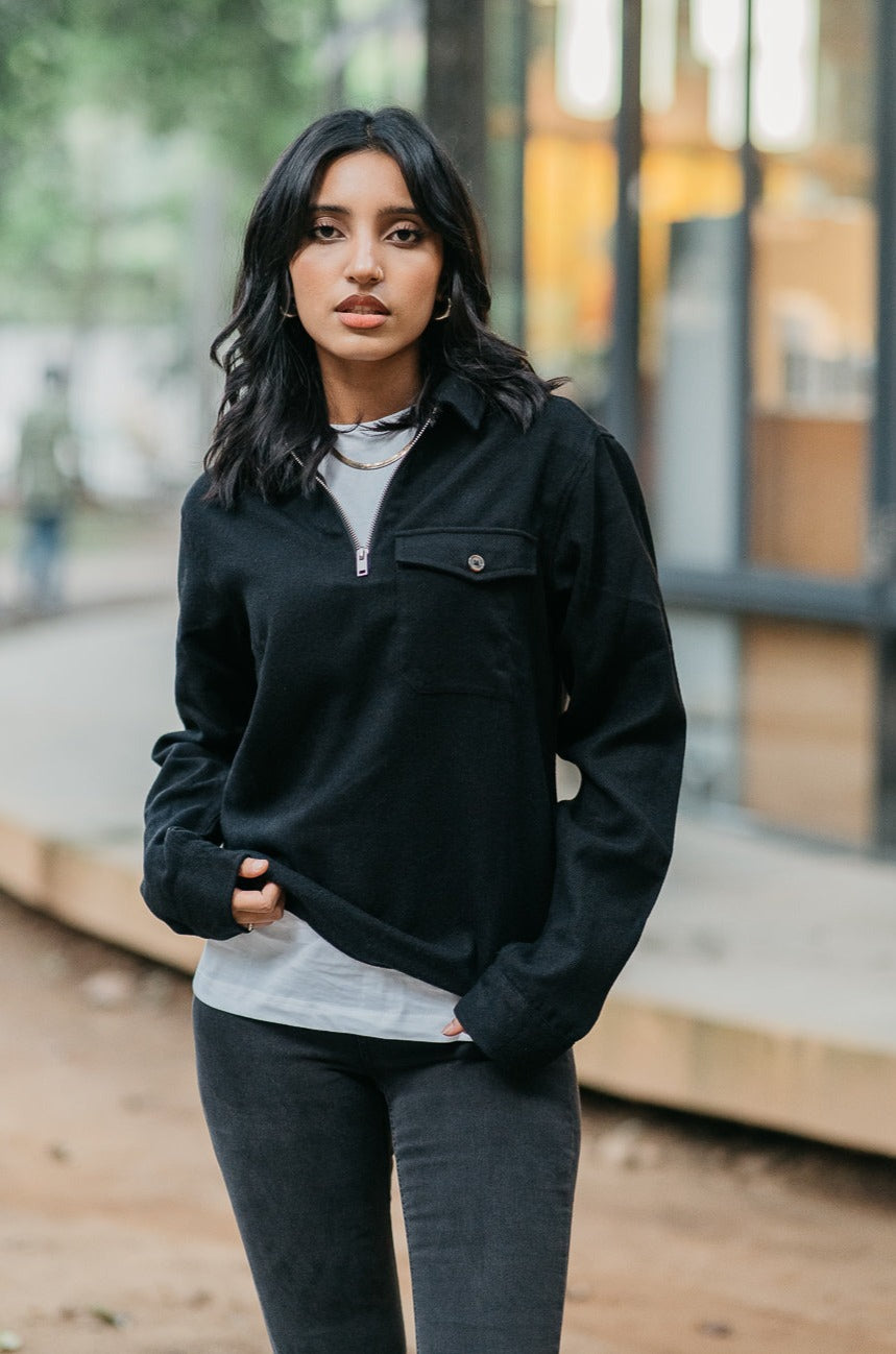 Half Zip Flannel - Unisex - Black