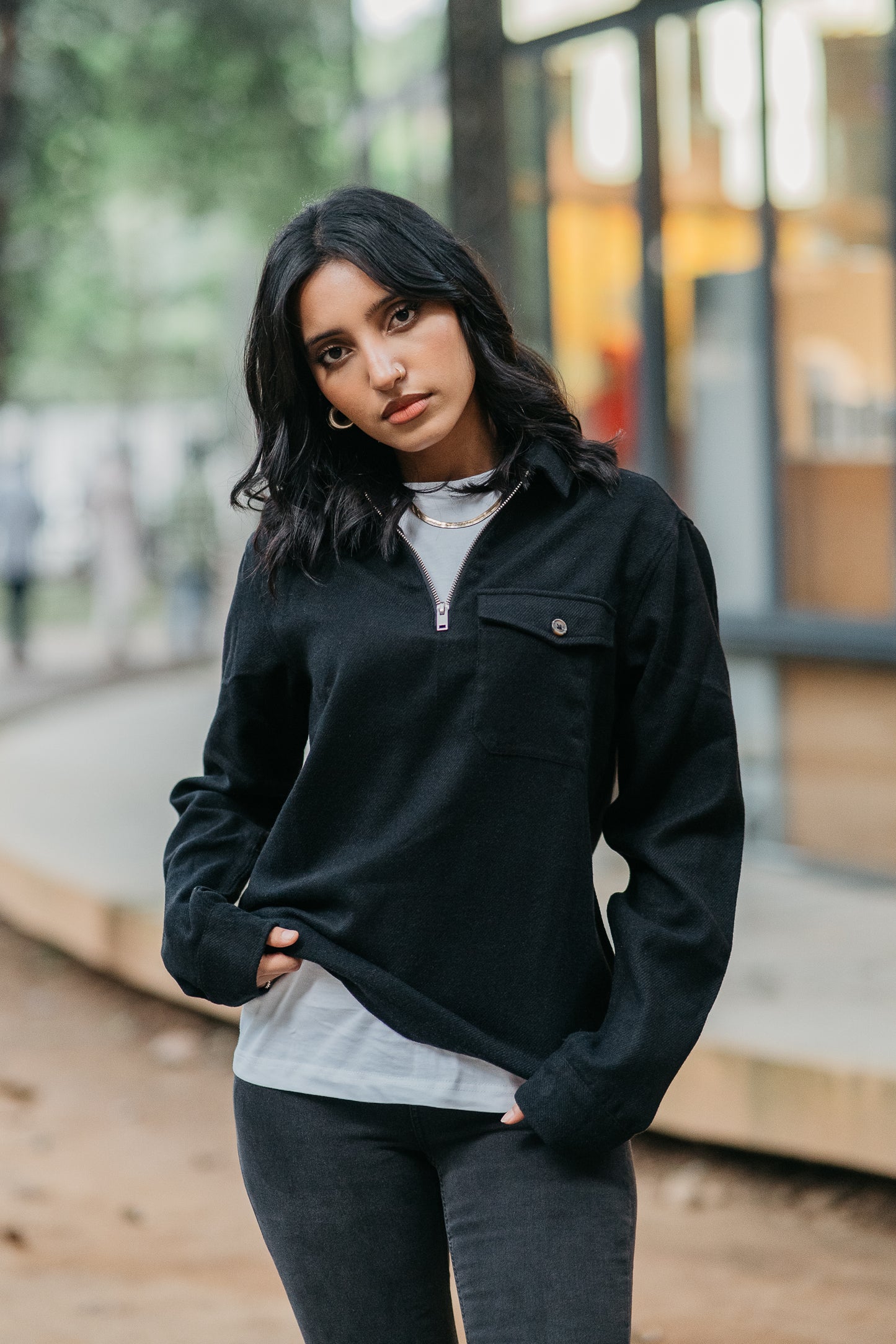 Half Zip Flannel - Unisex - Black