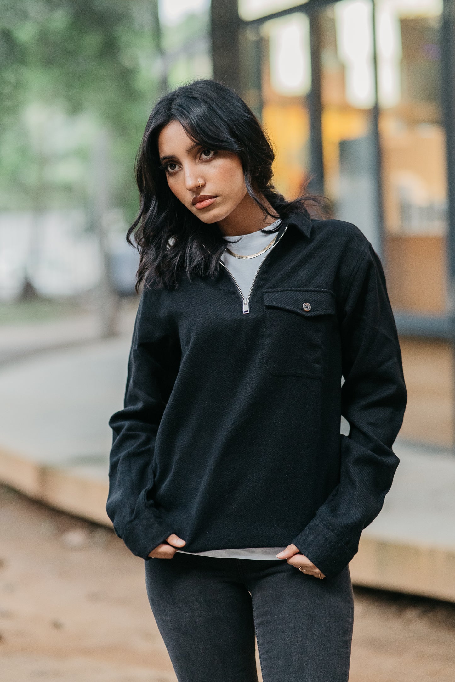 Half Zip Flannel - Unisex - Black
