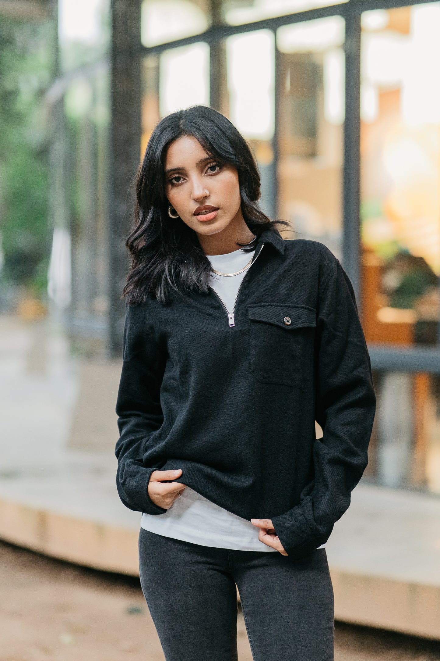 Half Zip Flannel - Unisex - Black