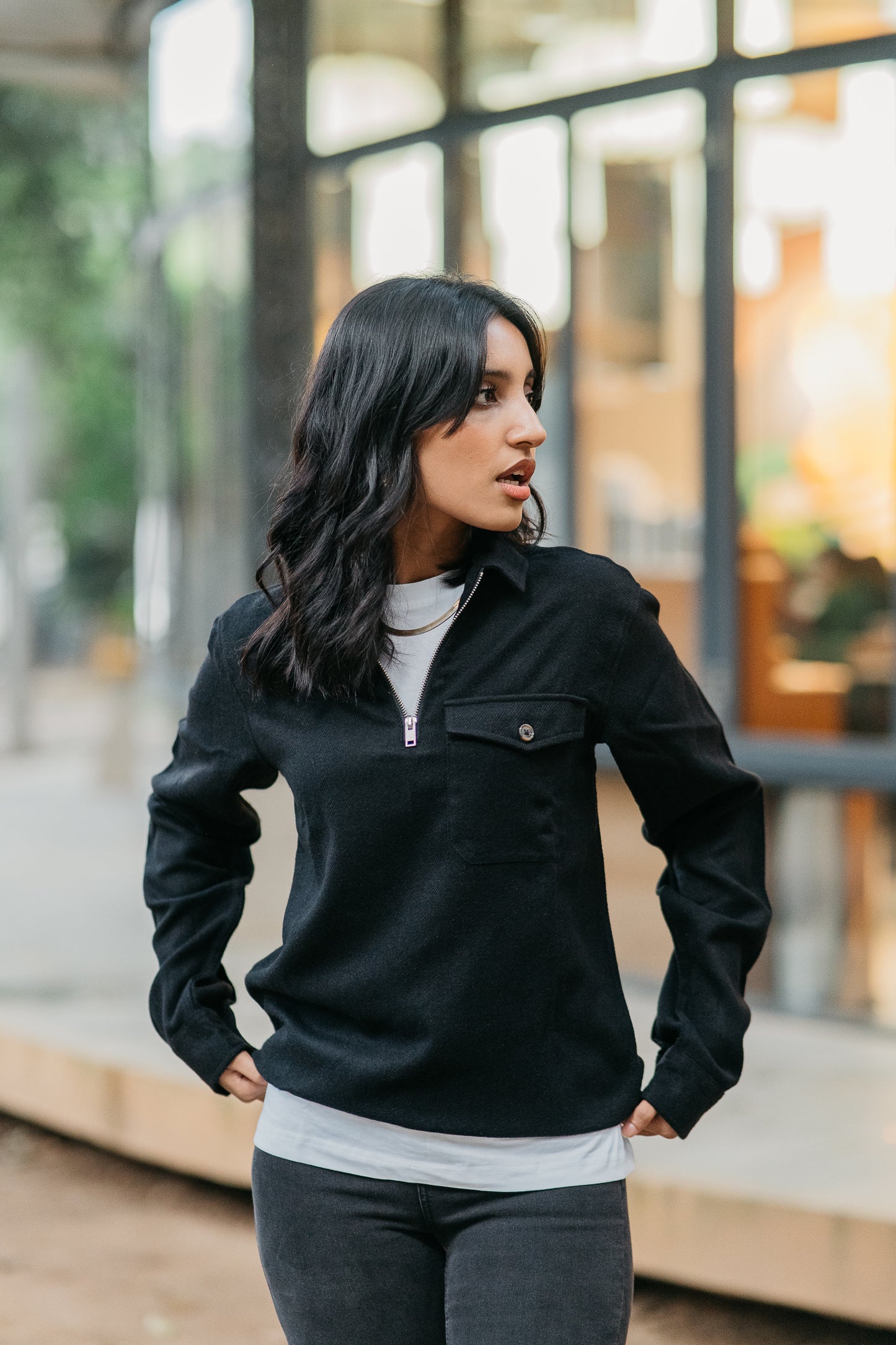 Half Zip Flannel - Unisex - Black