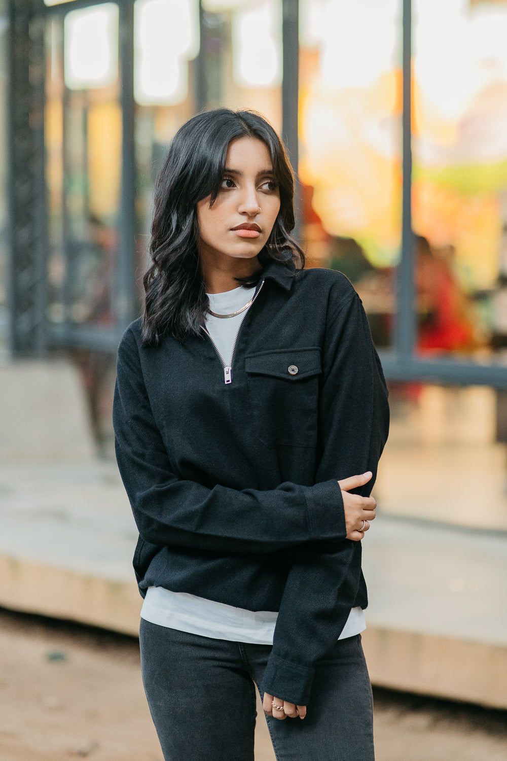 Half Zip Flannel - Unisex - Black