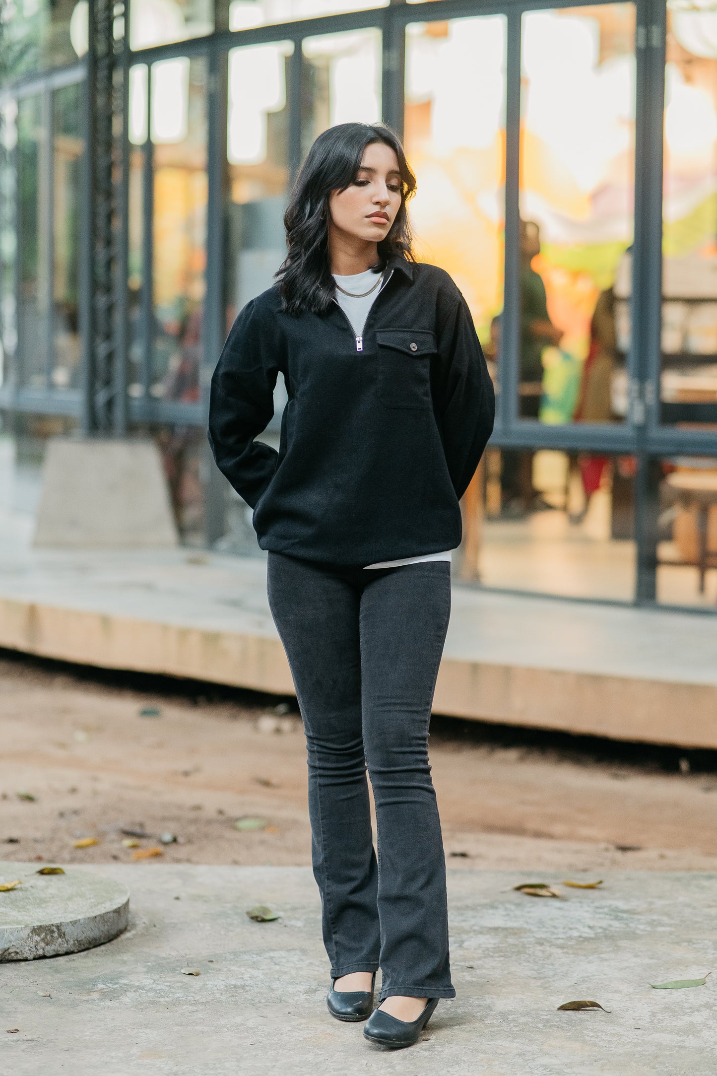 Half Zip Flannel - Unisex - Black