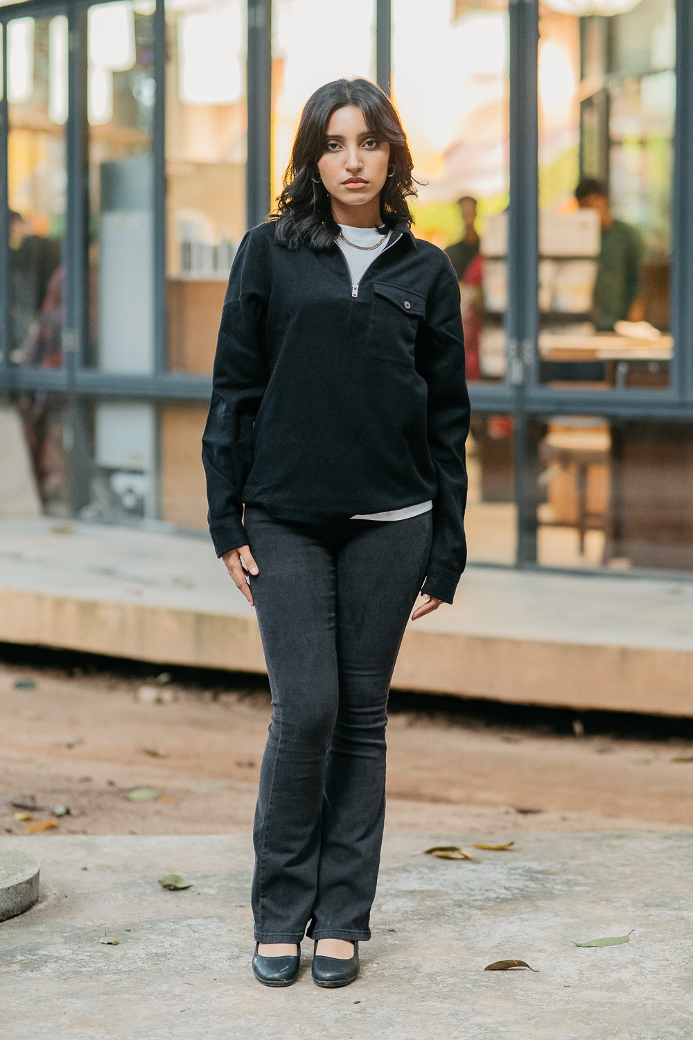 Half Zip Flannel - Unisex - Black