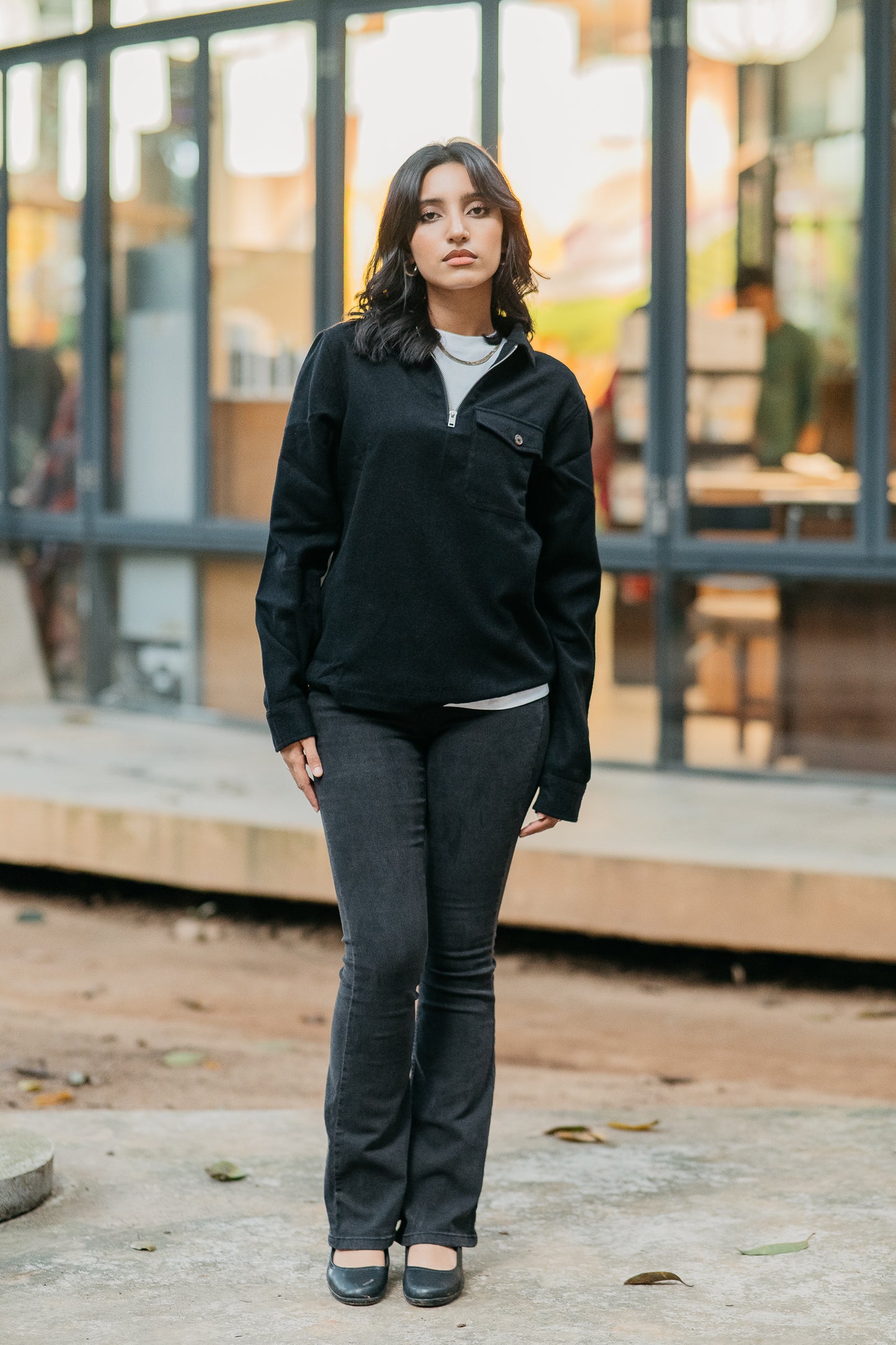 Half Zip Flannel - Unisex - Black