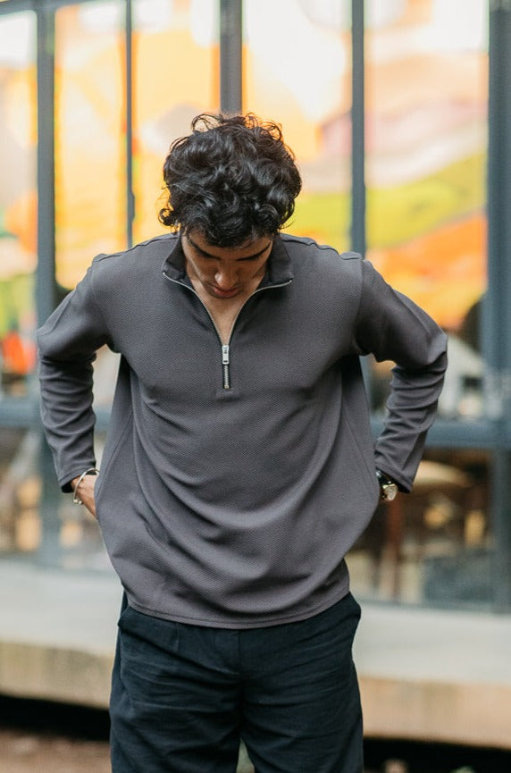 Waffle Zip Henley - Lightweight Jersey Zip - Charcoal