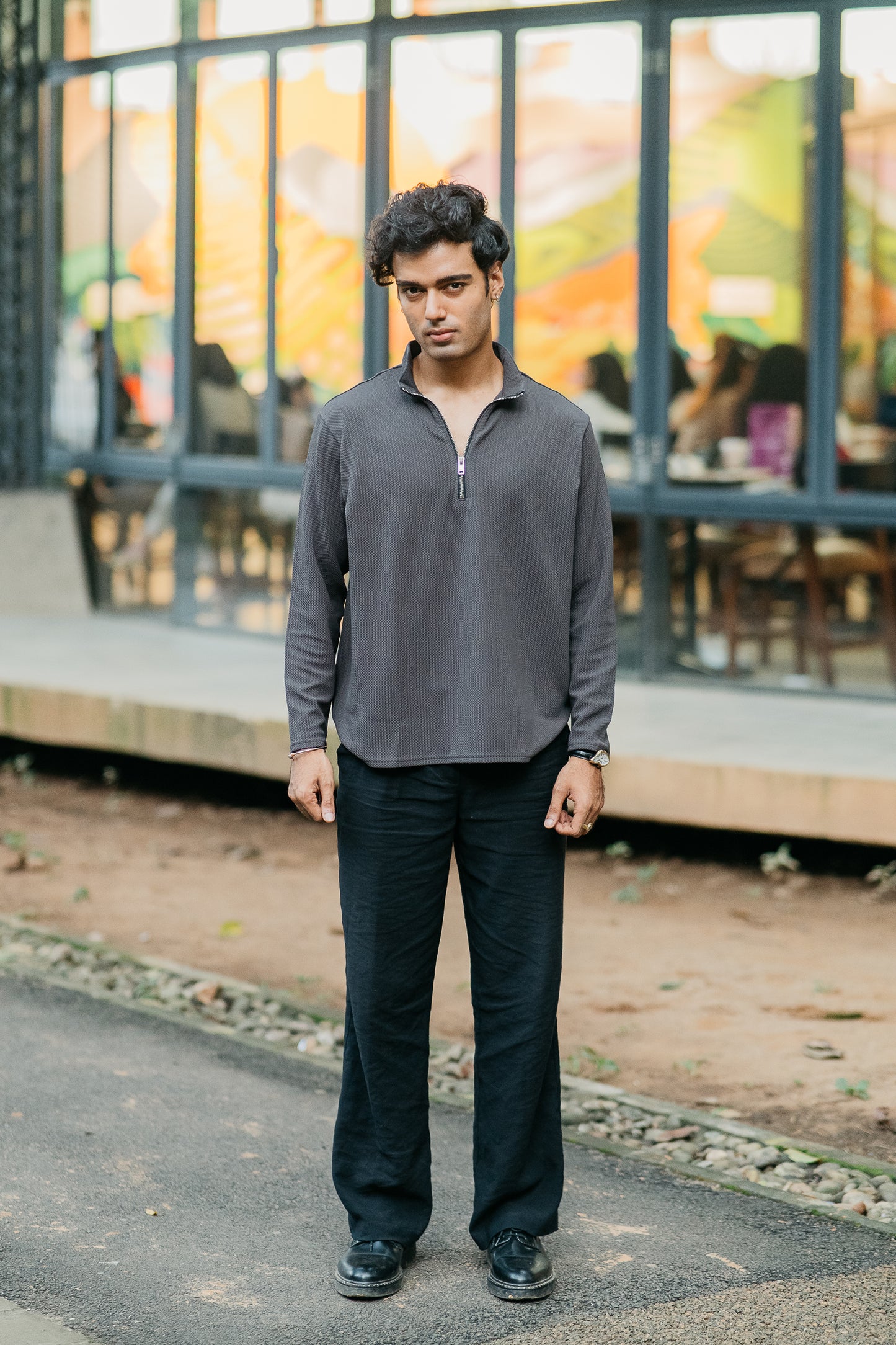 Waffle Zip Henley - Lightweight Jersey Zip - Charcoal