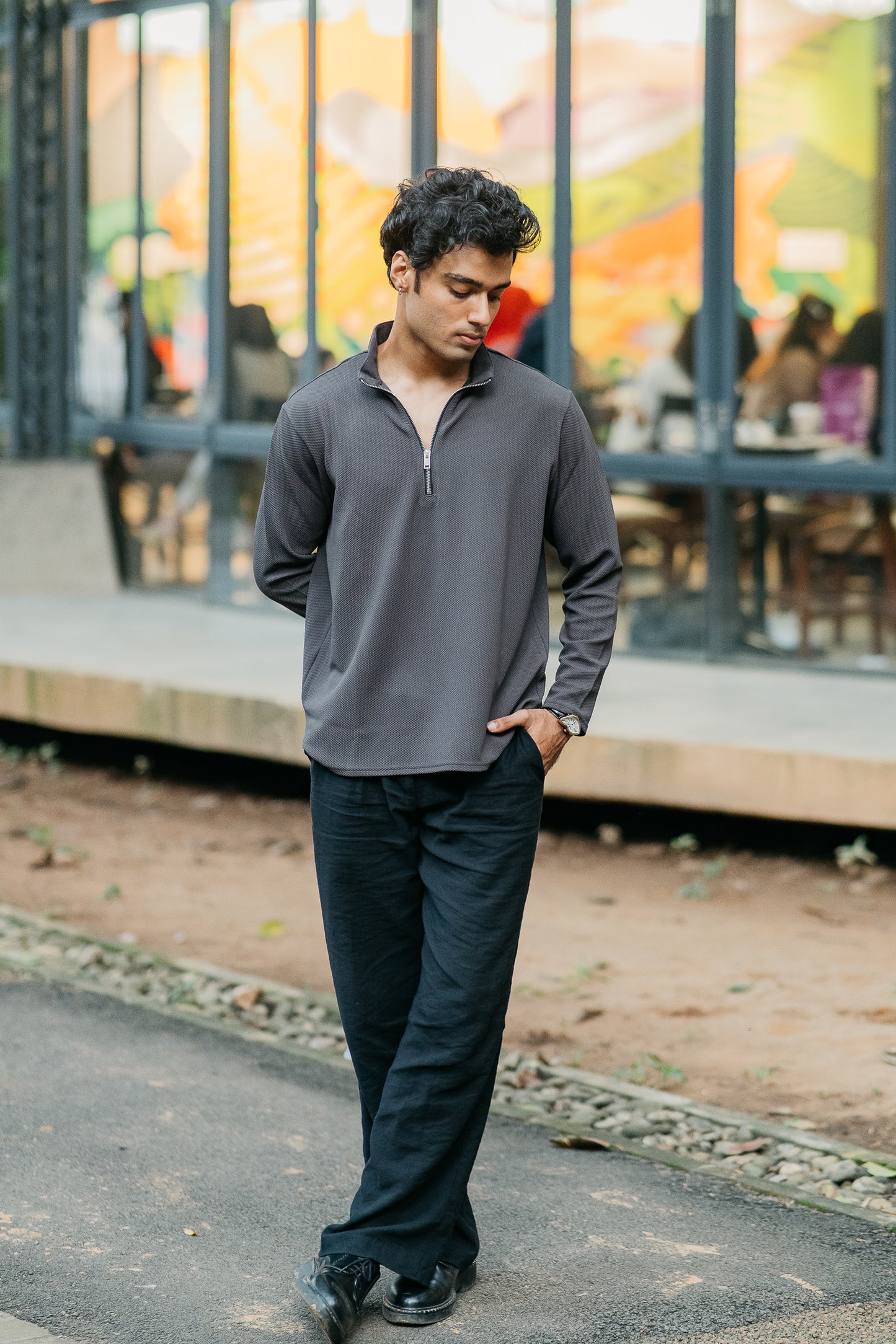 Waffle Zip Henley - Lightweight Jersey Zip - Charcoal