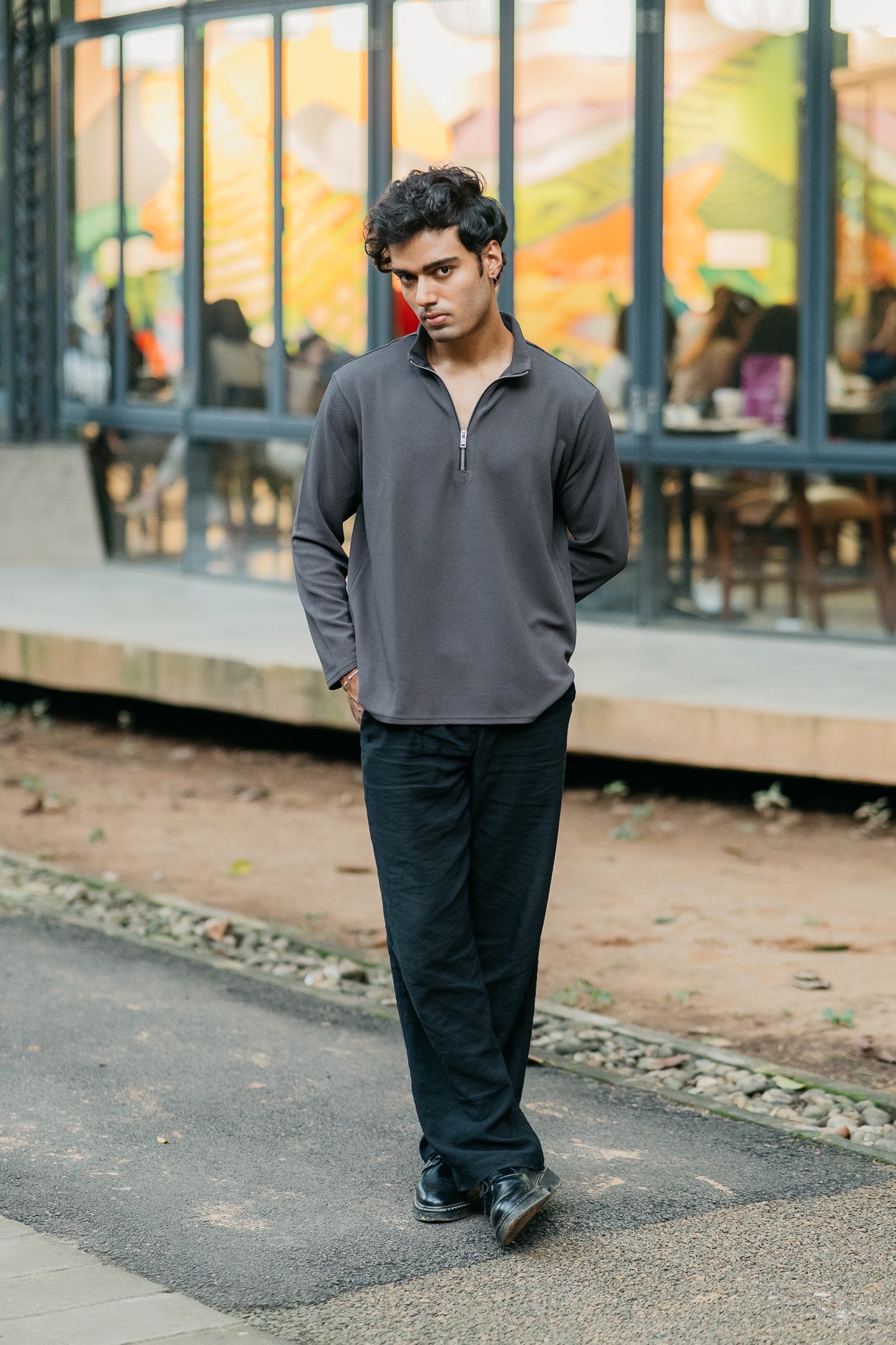 Waffle Zip Henley - Lightweight Jersey Zip - Charcoal