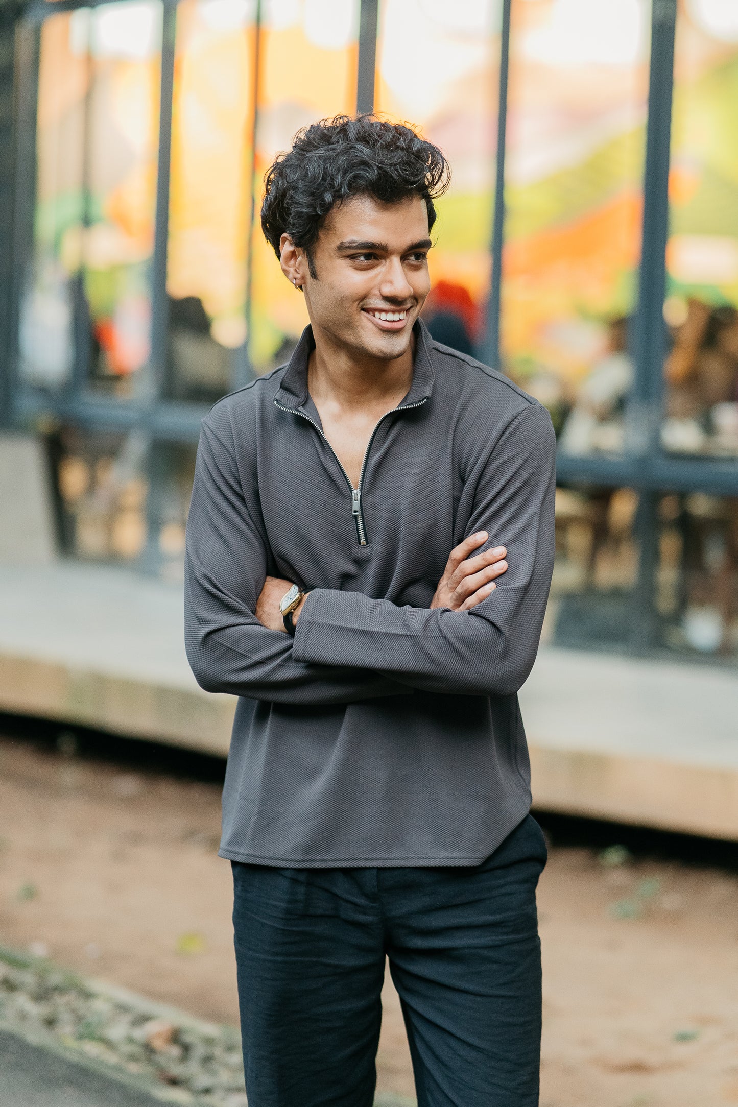 Waffle Zip Henley - Lightweight Jersey Zip - Charcoal