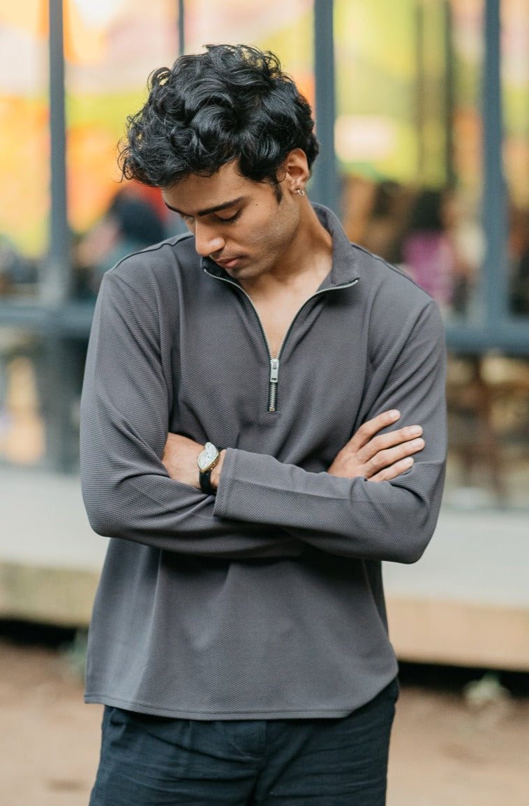 Waffle Zip Henley - Lightweight Jersey Zip - Charcoal