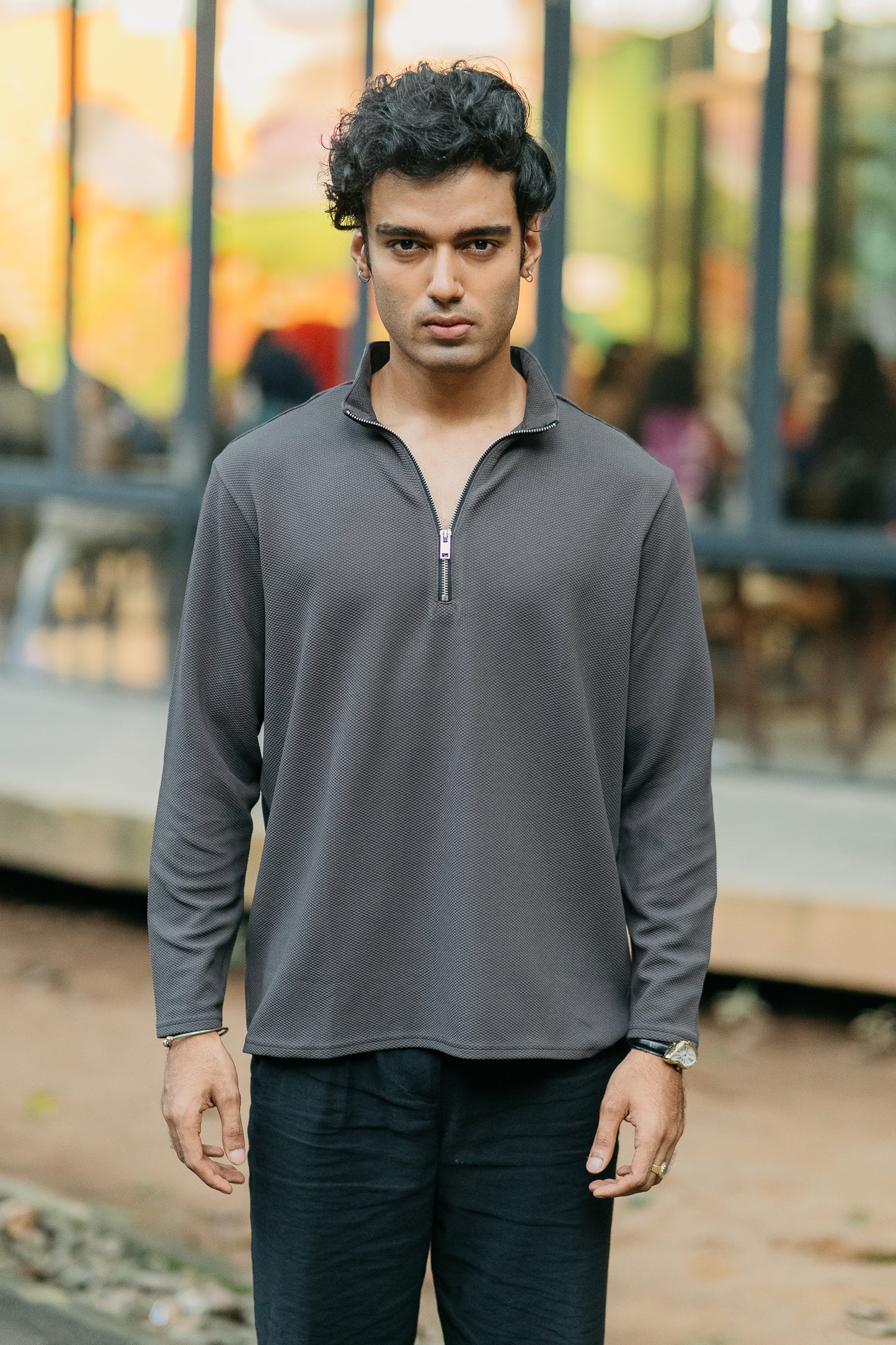 Waffle Zip Henley - Lightweight Jersey Zip - Charcoal