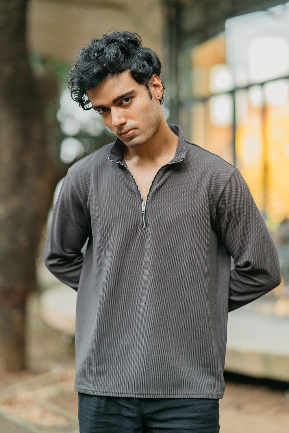 Waffle Zip Henley - Lightweight Jersey Zip - Charcoal