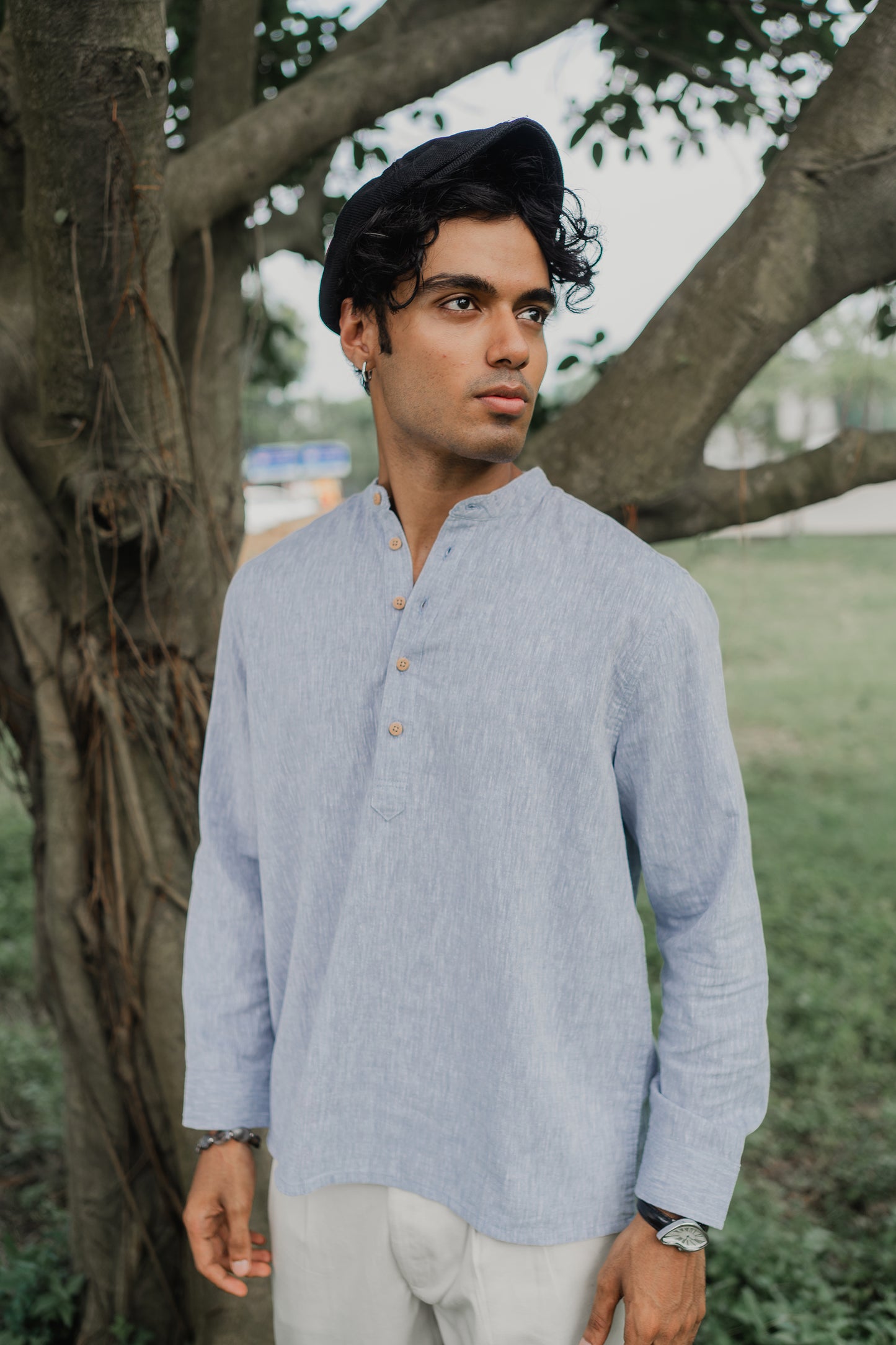 Linen Henley - Katua - For Men - Dusty Blue Weave