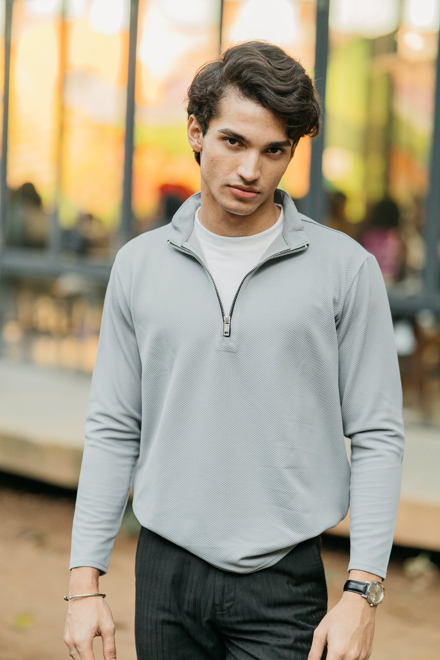 Waffle Zip Henley - Lightweight Jersey Zip - Ash
