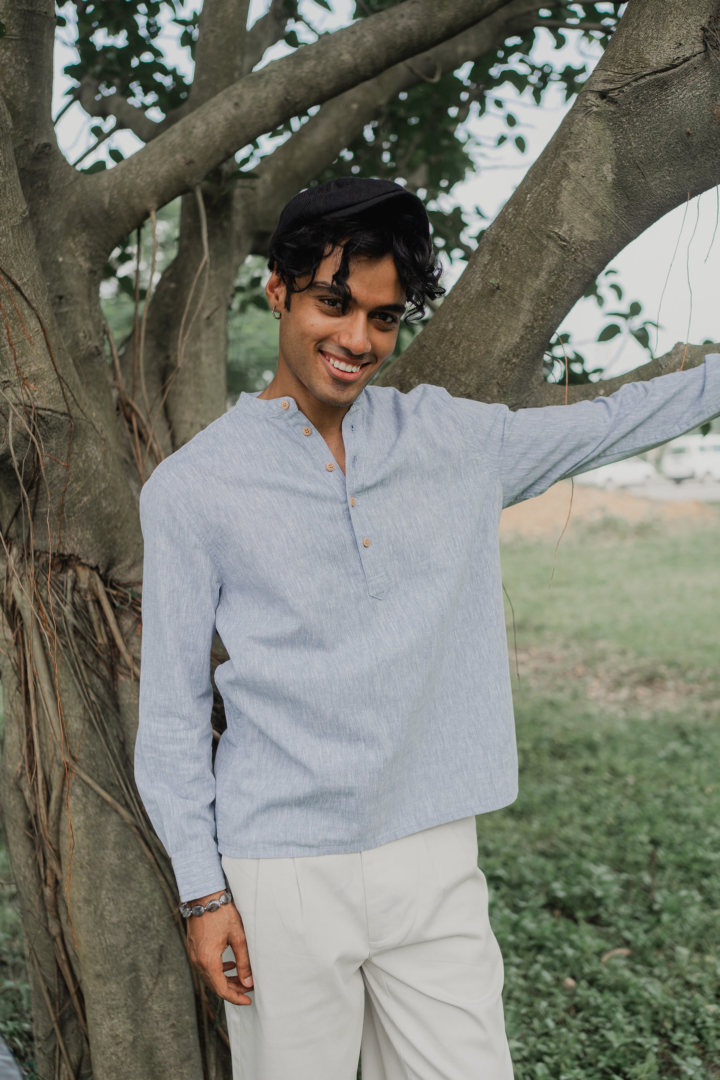 Linen Henley - Katua - For Men - Dusty Blue Weave