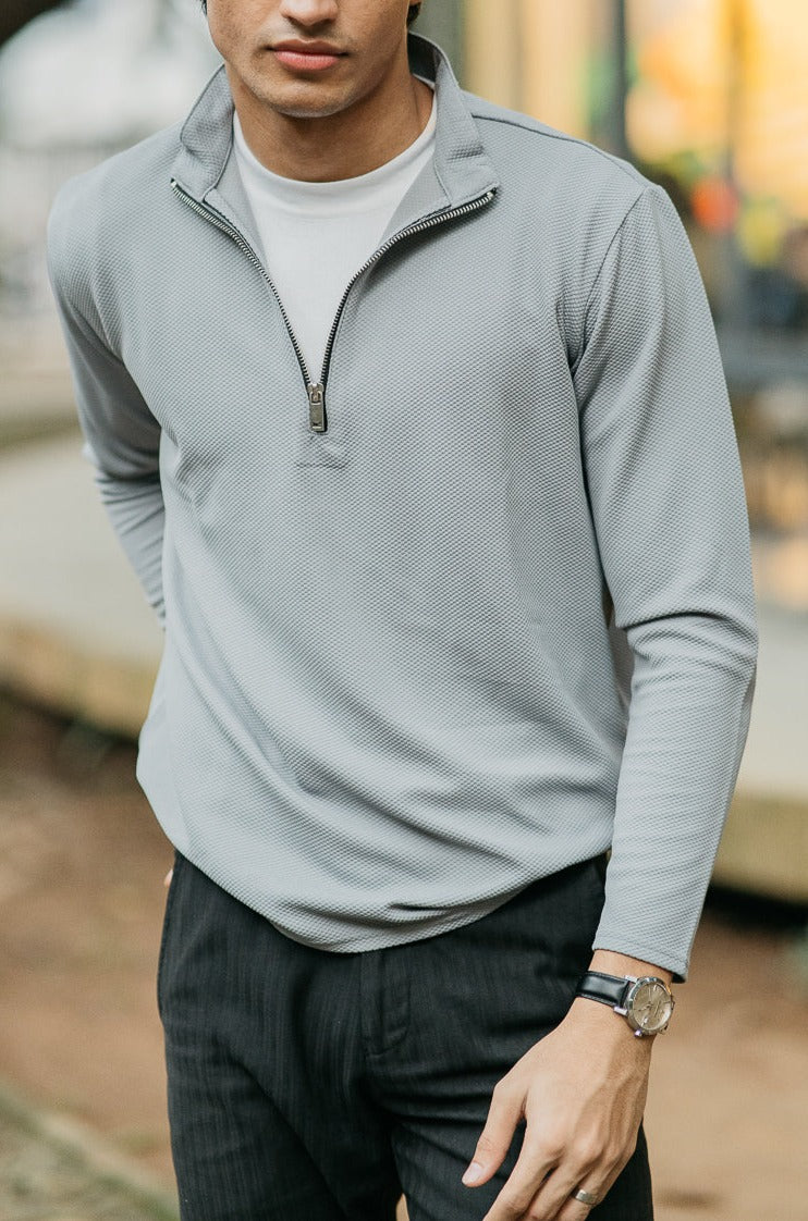 Waffle Zip Henley - Lightweight Jersey Zip - Ash