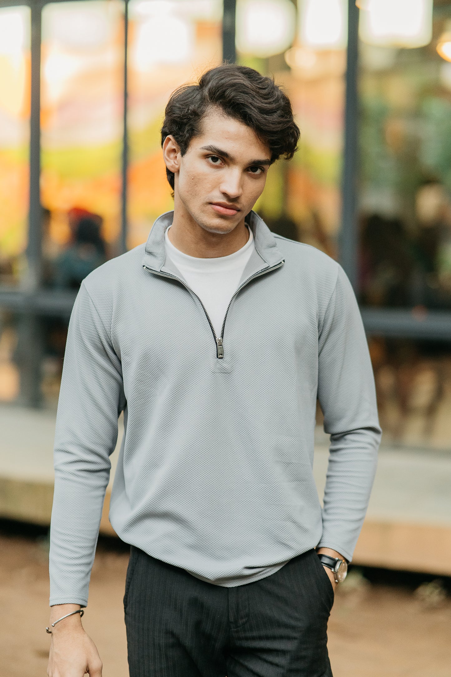 Waffle Zip Henley - Lightweight Jersey Zip - Ash