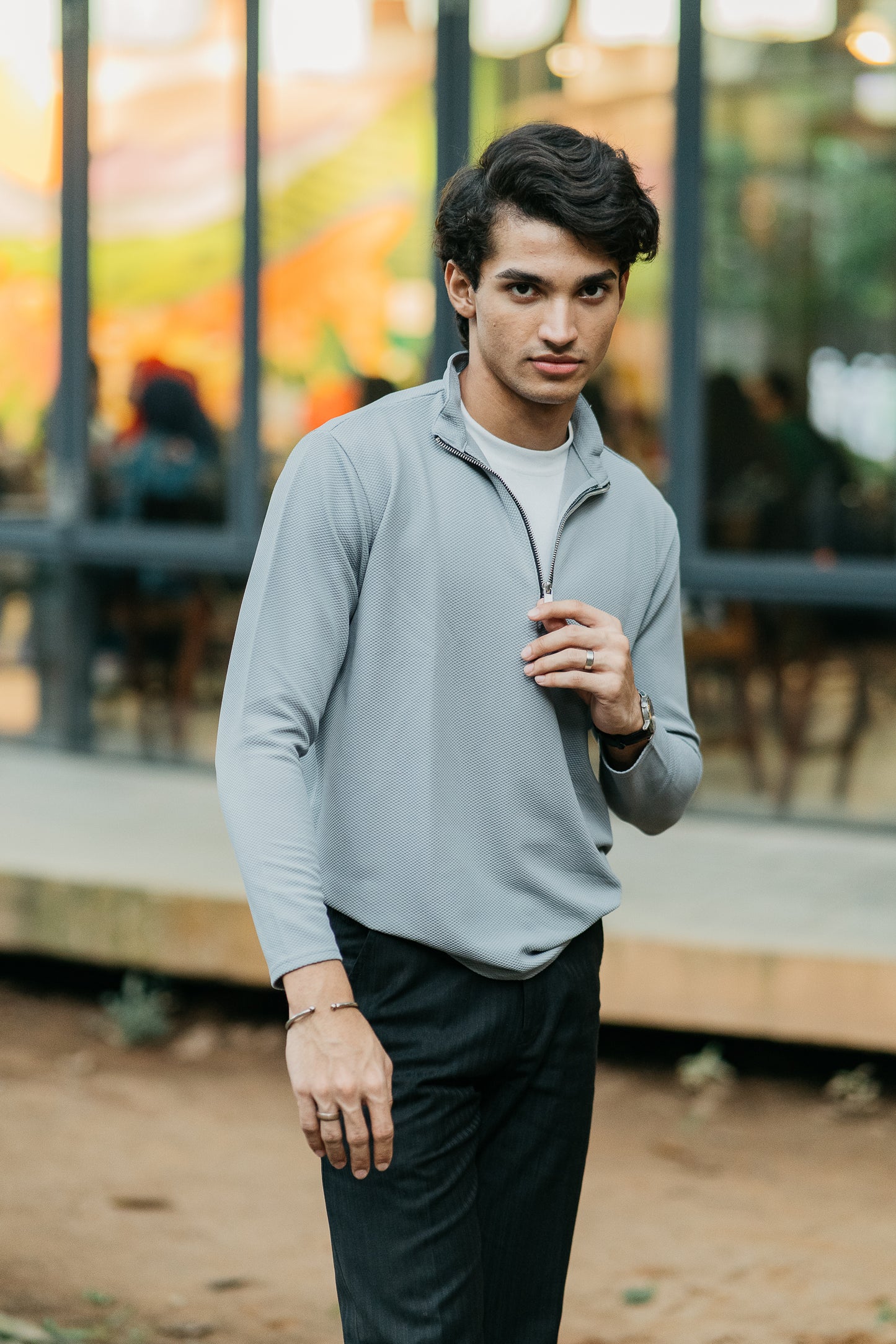 Waffle Zip Henley - Lightweight Jersey Zip - Ash
