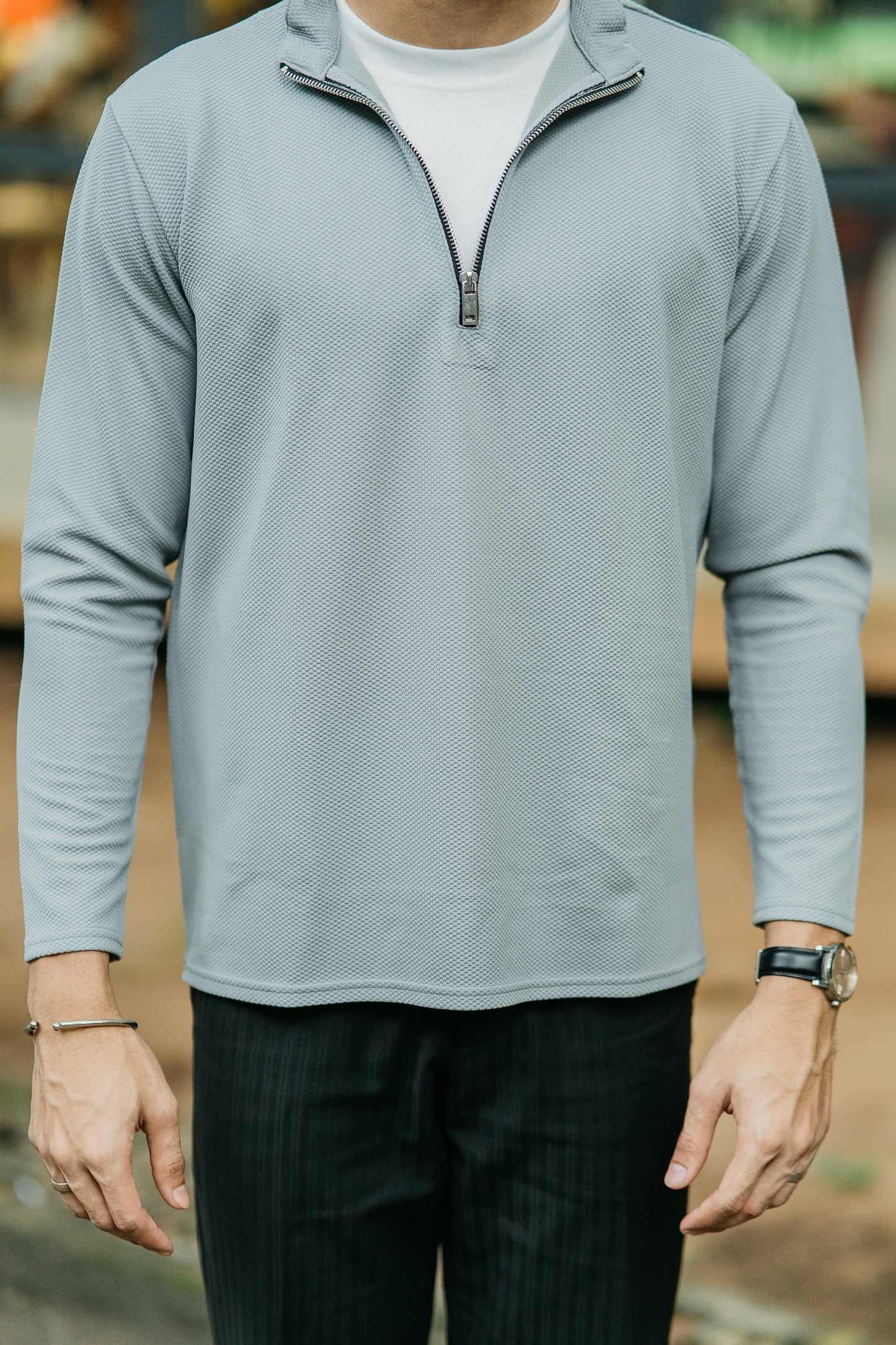 Waffle Zip Henley - Lightweight Jersey Zip - Ash