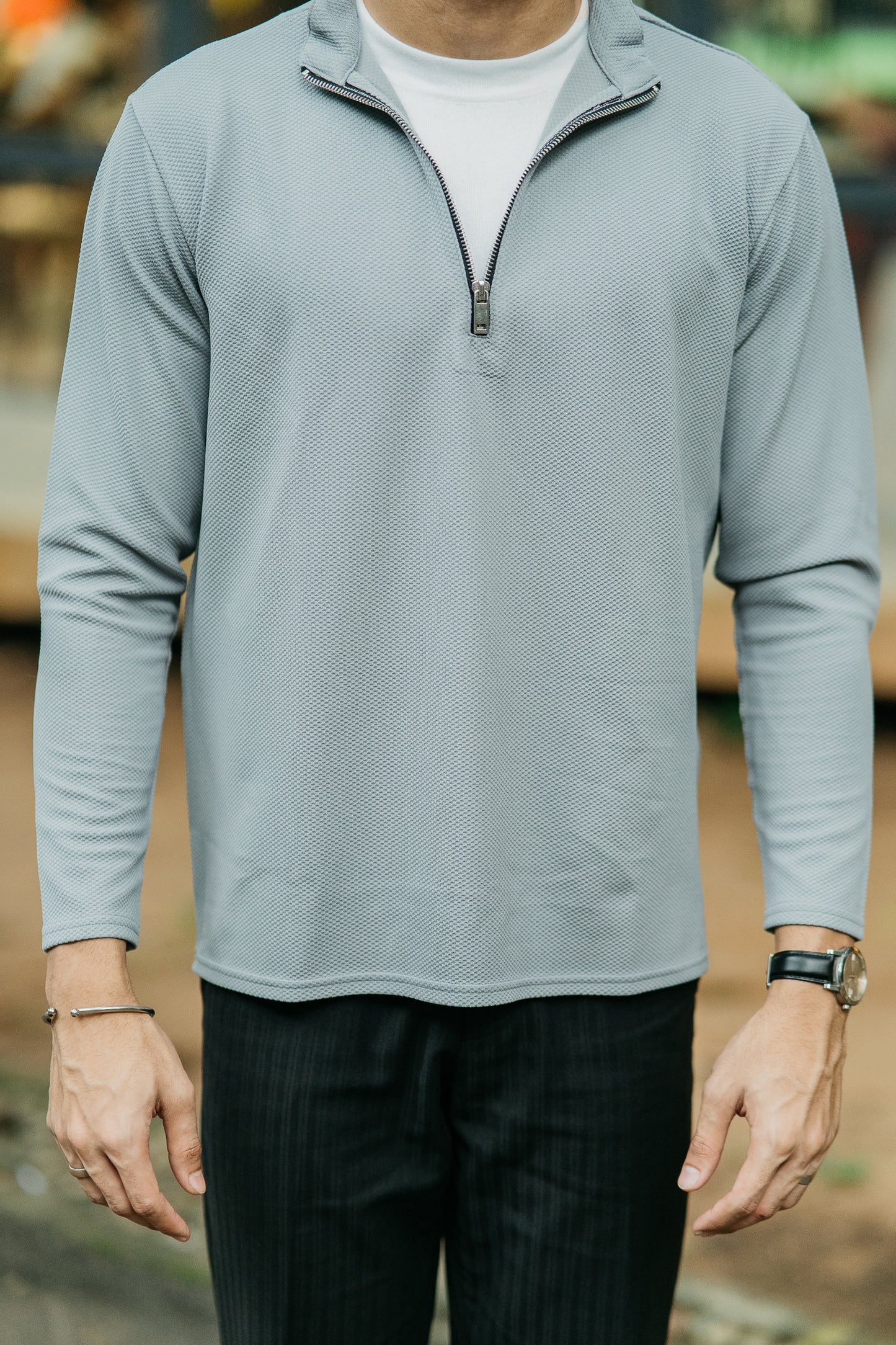 Waffle Zip Henley - Lightweight Jersey Zip - Ash