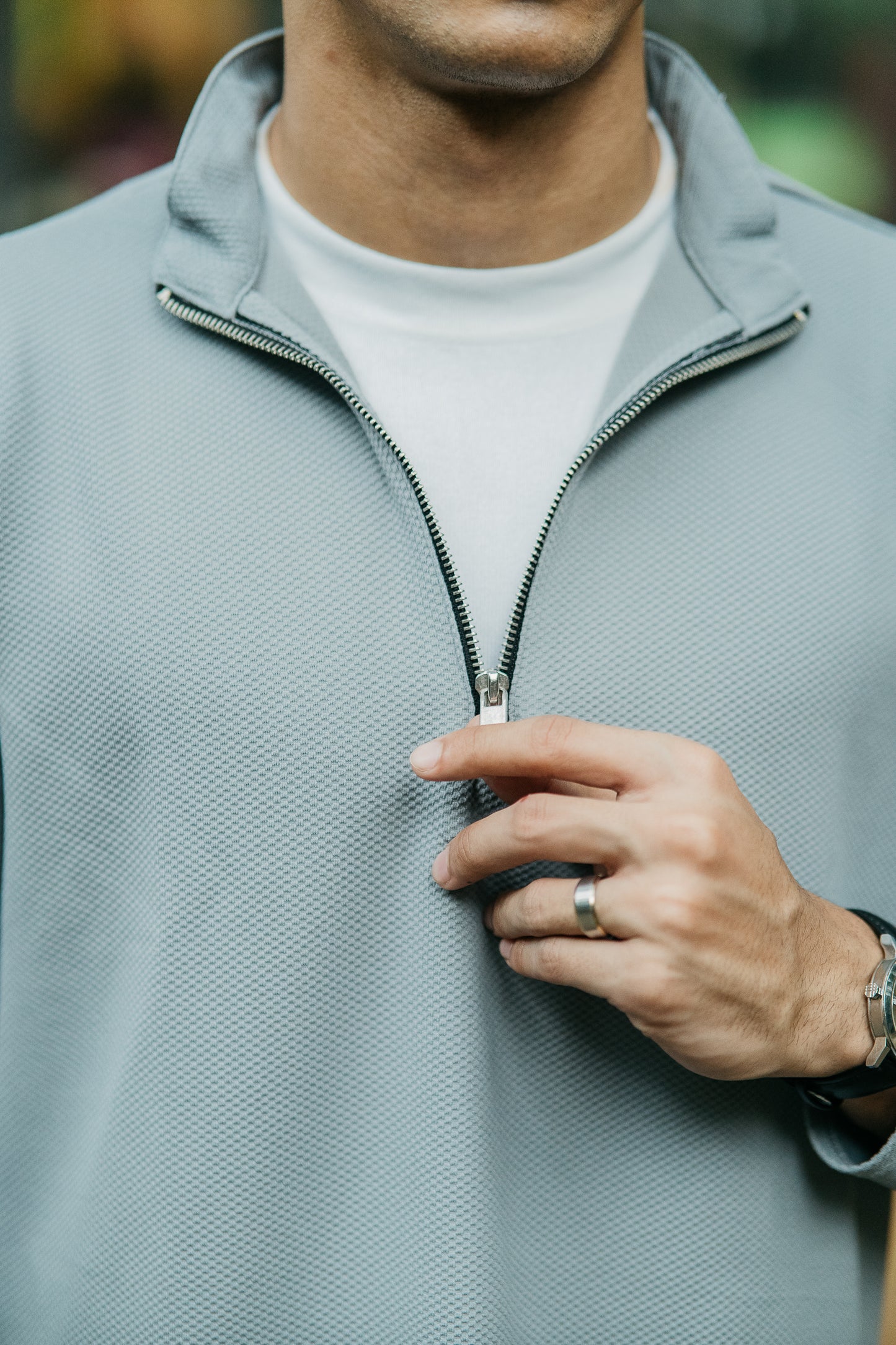 Waffle Zip Henley - Lightweight Jersey Zip - Ash
