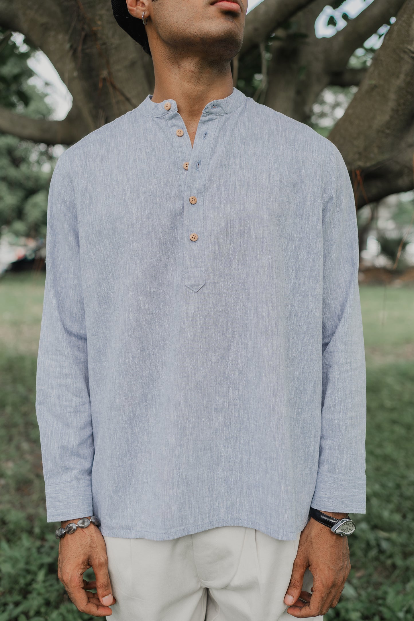 Linen Henley - Katua - For Men - Dusty Blue Weave