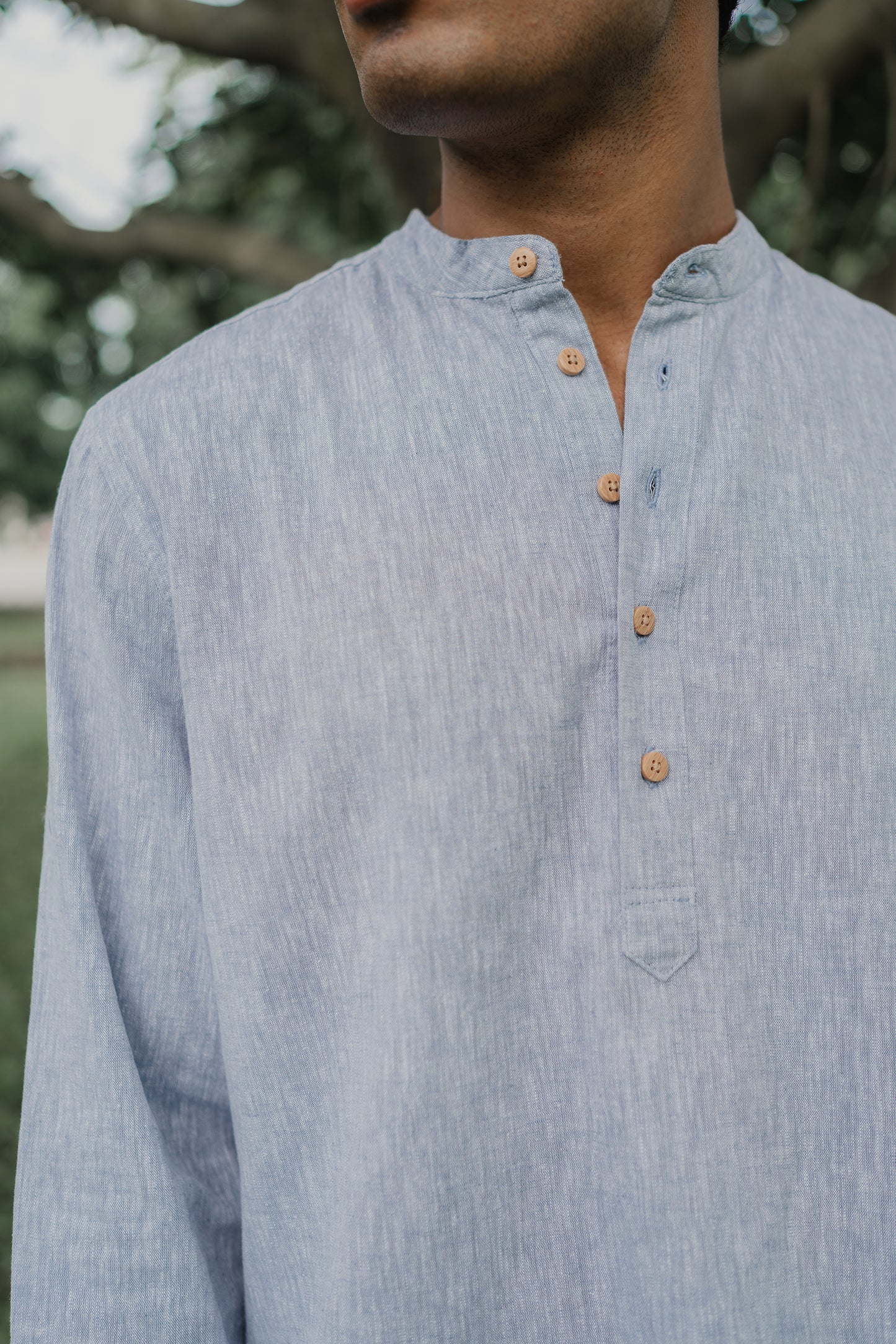 Linen Henley - Katua - For Men - Dusty Blue Weave