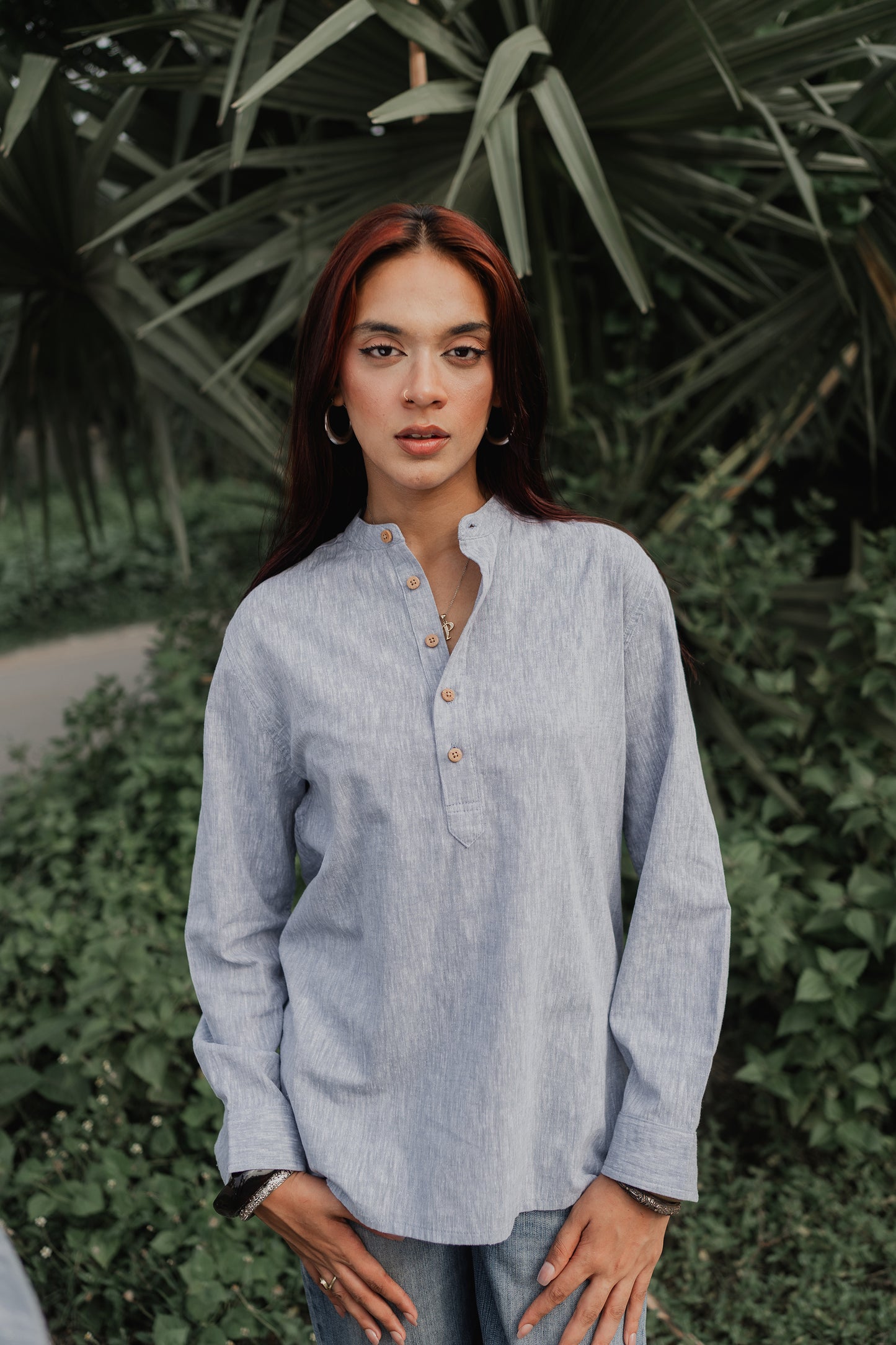 Linen Henley - Katua - Unisex - Dusty Blue Weave