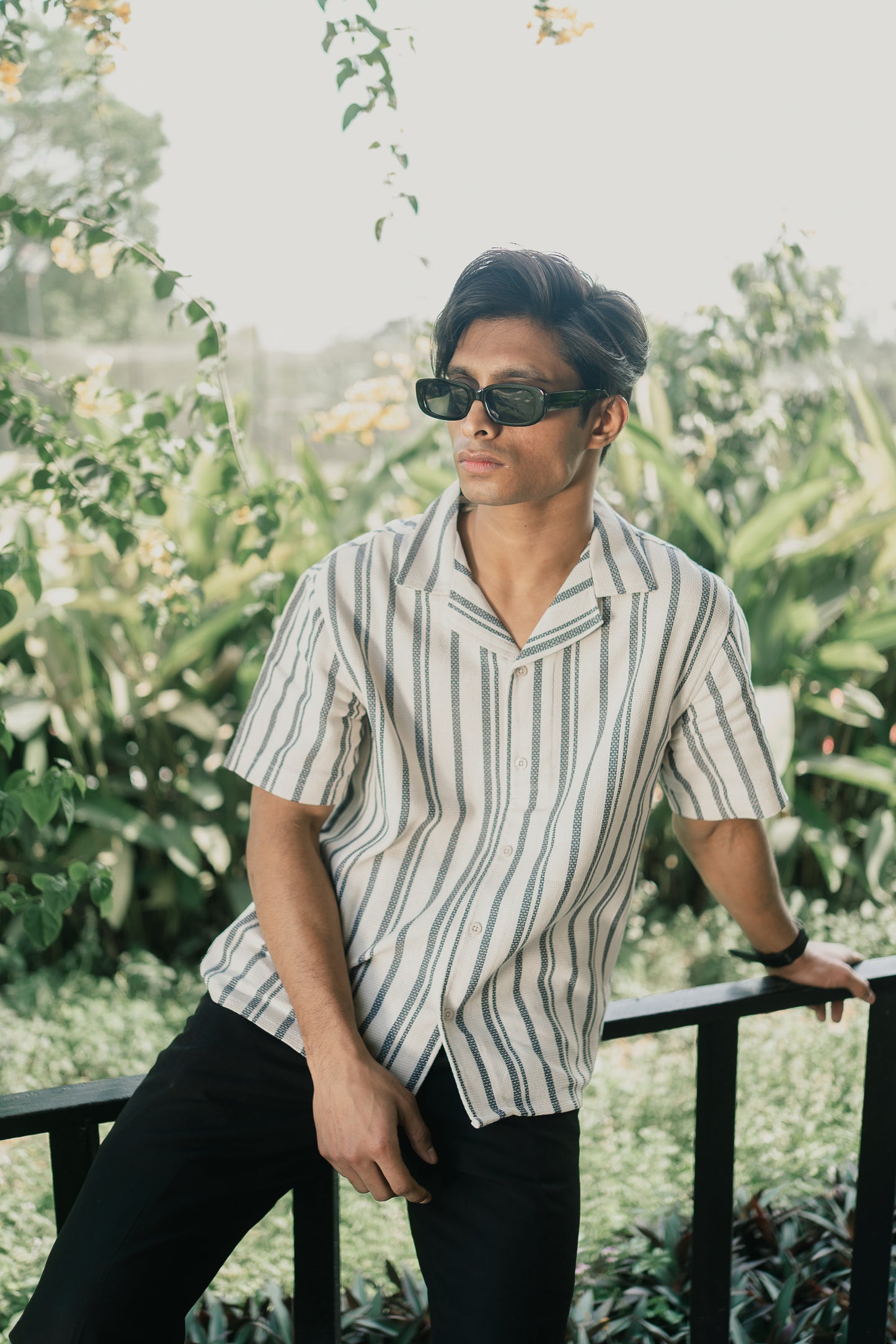 Revere Cuba - White and Faded Black Stripe Textured Cuba - Revere Shirt For Men