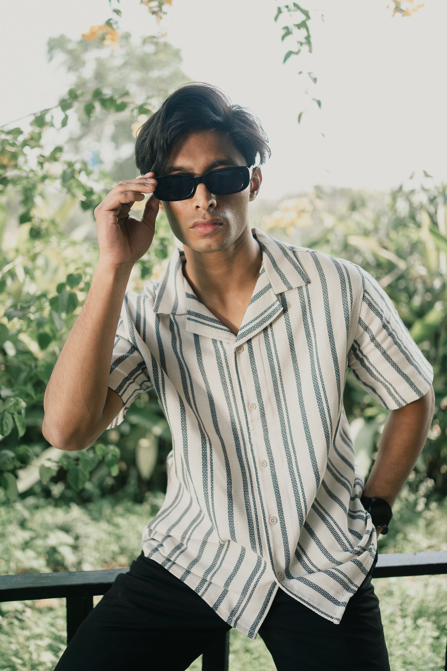 Revere Cuba - White and Faded Black Stripe Textured Cuba - Revere Shirt For Men