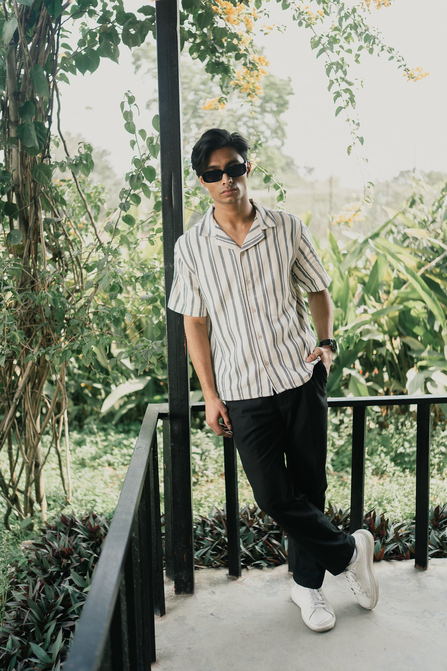 Revere Cuba - White and Faded Black Stripe Textured Cuba - Revere Shirt For Men