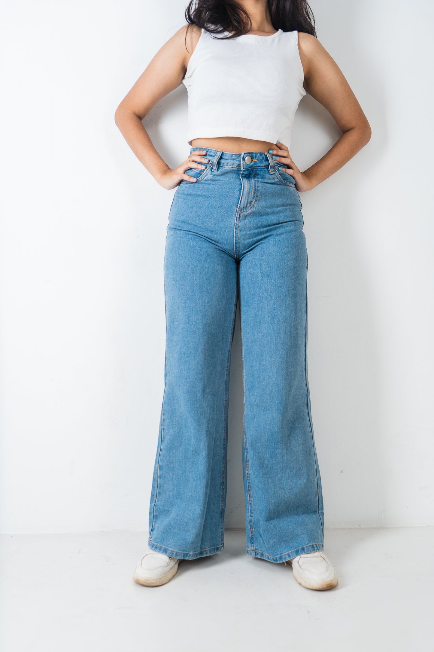 Wide Leg Jeans - High Waist Blue Denim
