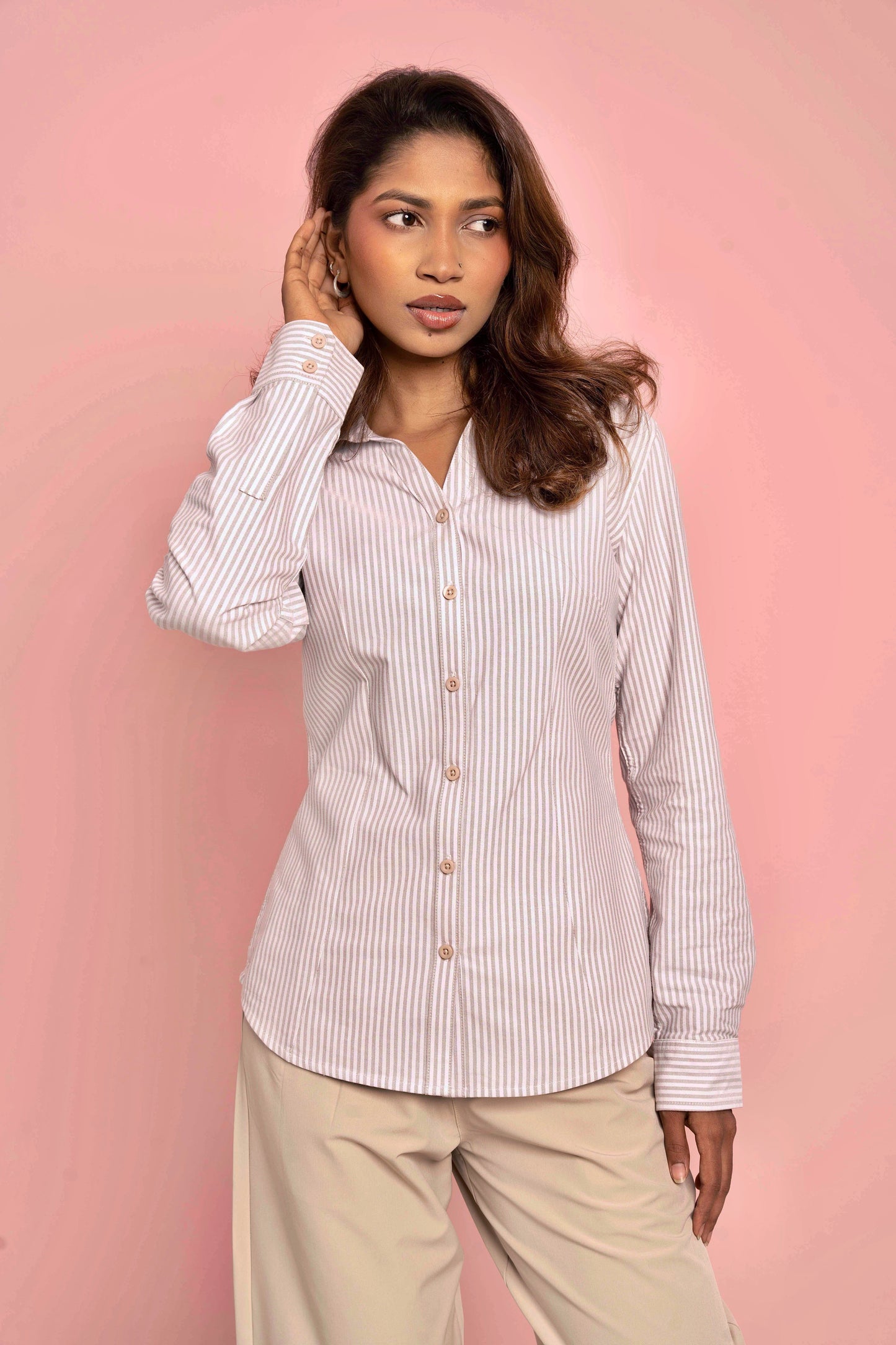 Fitted Shirt For Women - Ivory and White Stripe