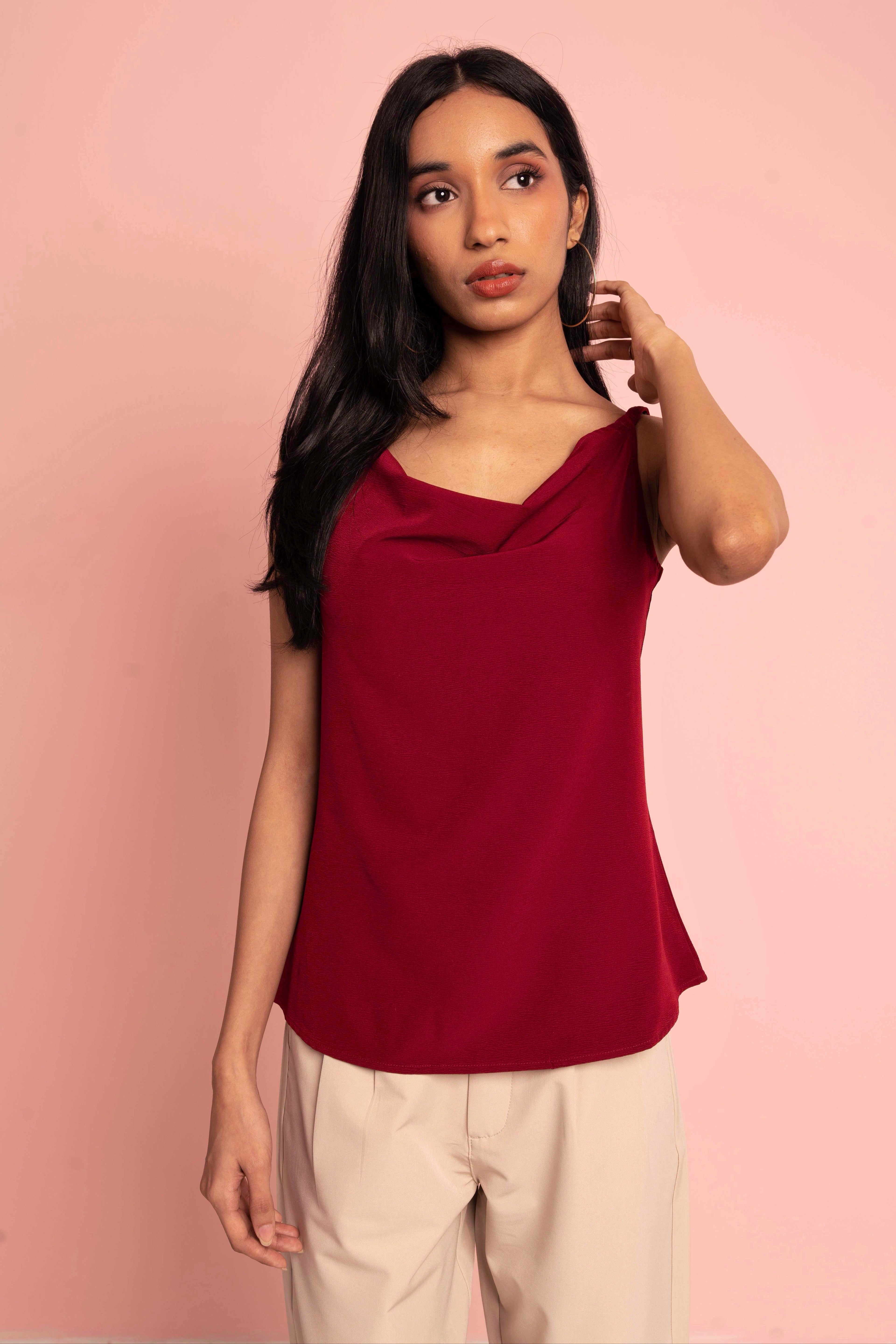 Thin strap Cowl Neck Top- Scarlet