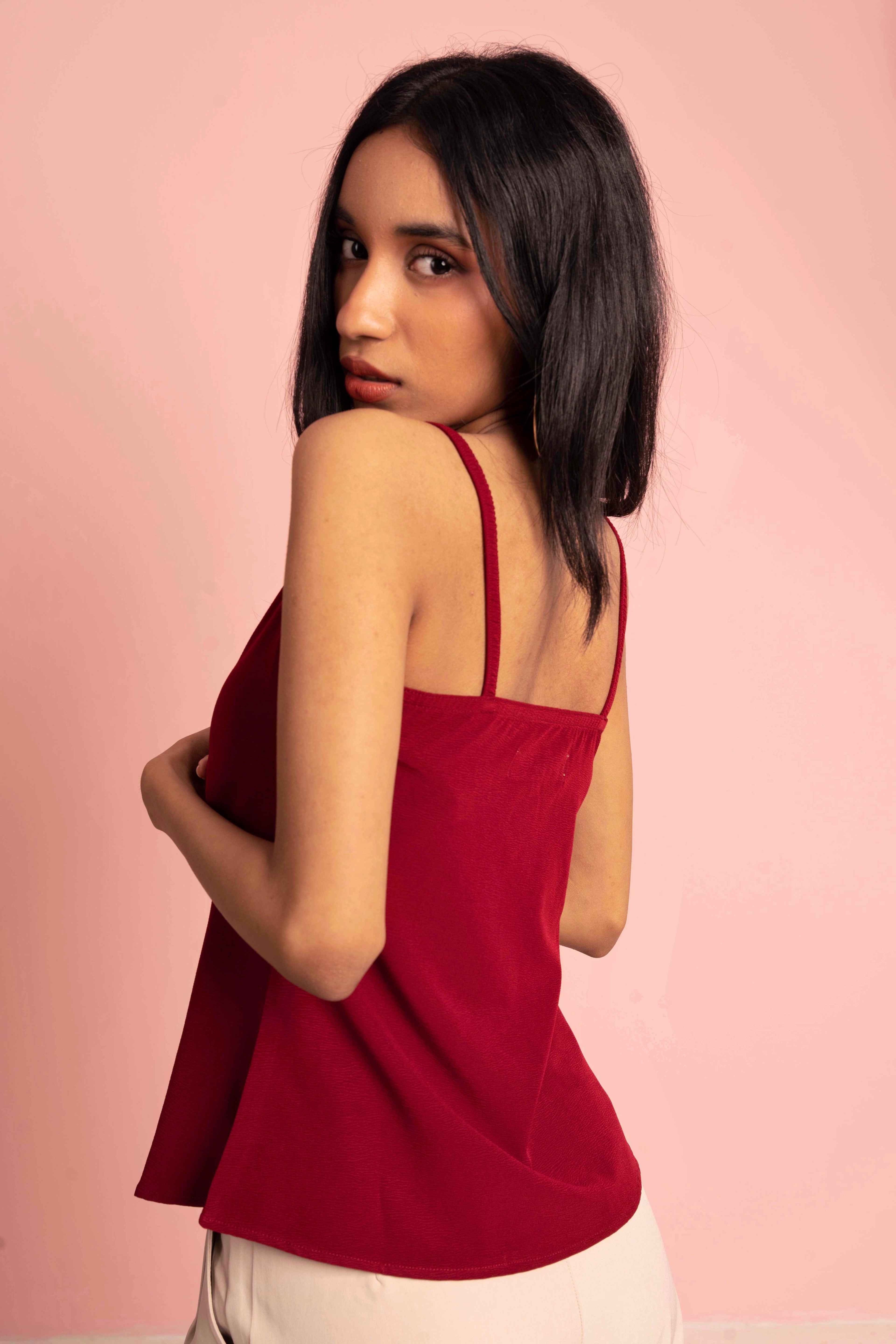 Thin strap Cowl Neck Top- Scarlet