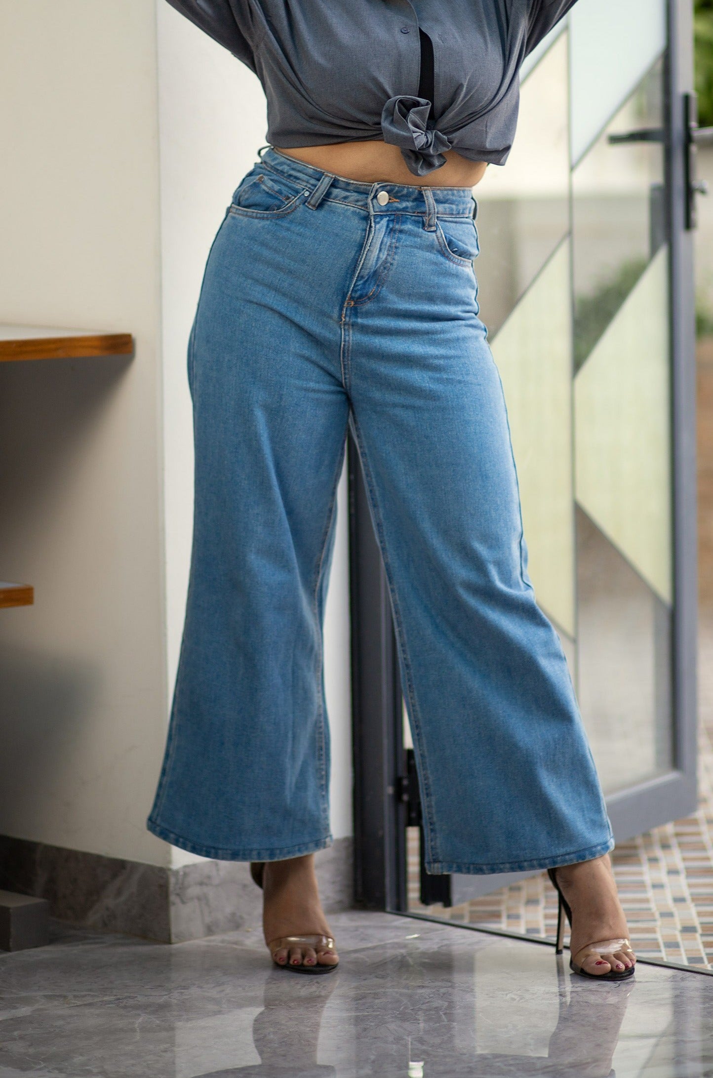 Wide Leg Jeans - High Waist Blue Denim