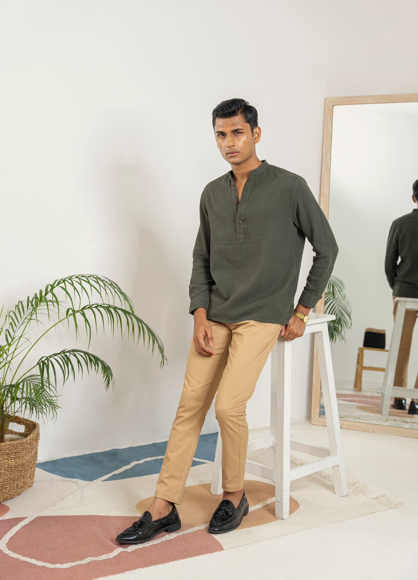 Waffle Henley for Men - Seaweed Green